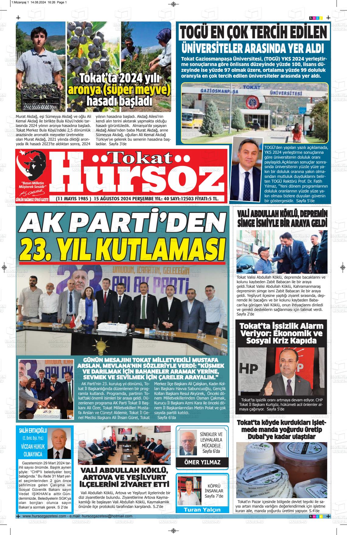 15 Ağustos 2024 Hürsöz Gazete Manşeti