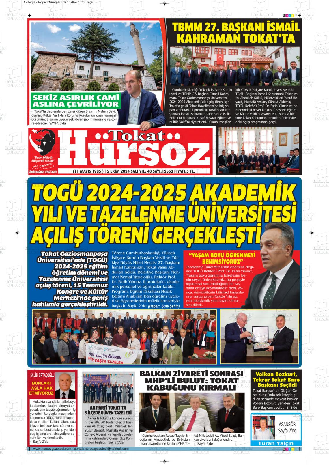 15 Ekim 2024 Hürsöz Gazete Manşeti