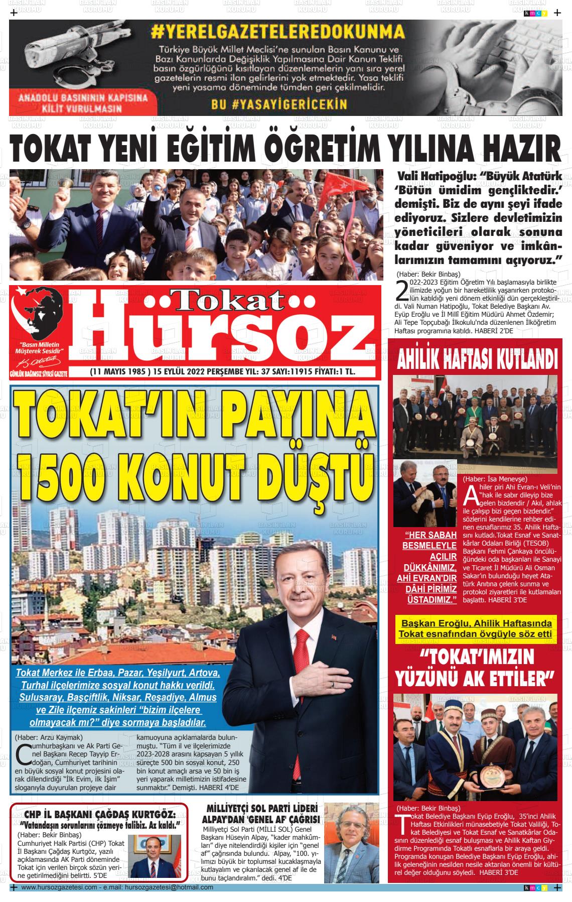 15 Eylül 2022 Hürsöz Gazete Manşeti