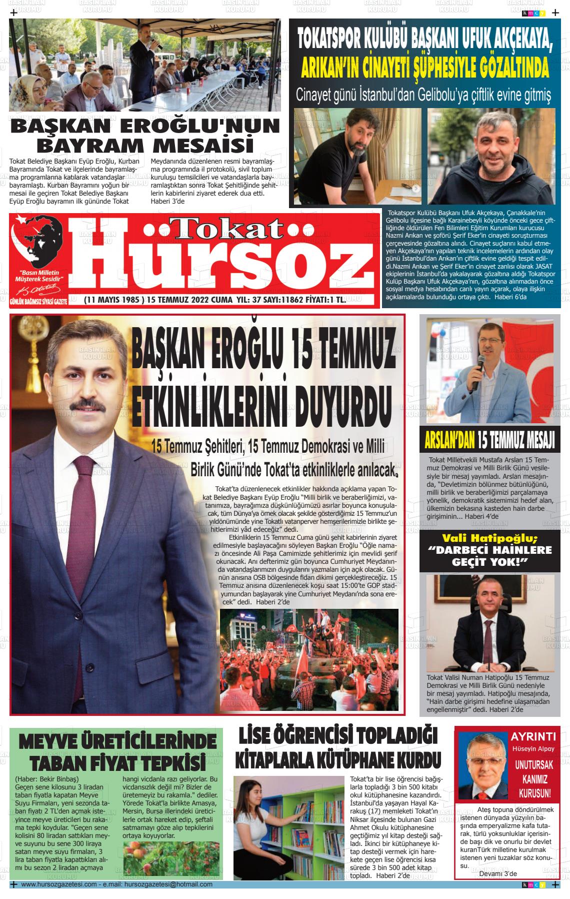 15 Temmuz 2022 Hürsöz Gazete Manşeti