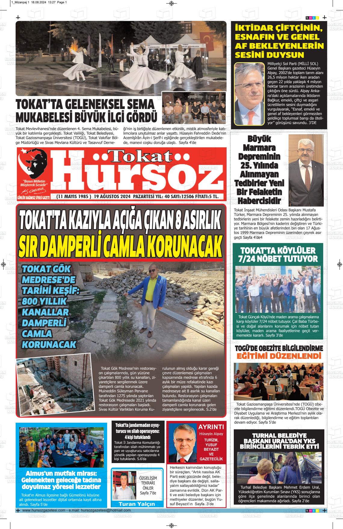 19 Ağustos 2024 Hürsöz Gazete Manşeti