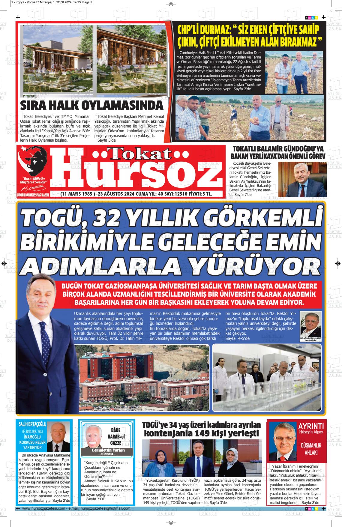 23 Ağustos 2024 Hürsöz Gazete Manşeti