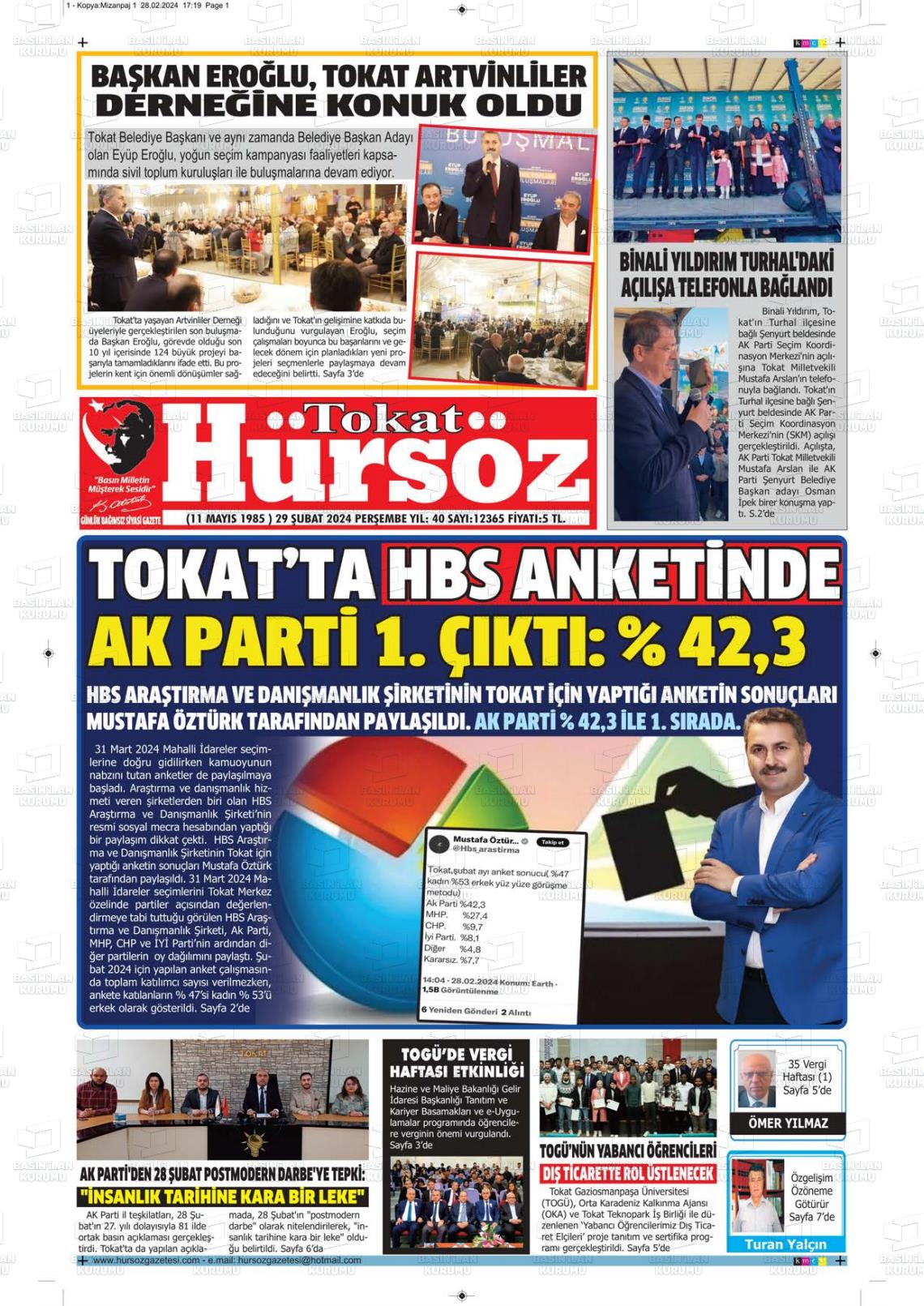 29 Şubat 2024 Hürsöz Gazete Manşeti