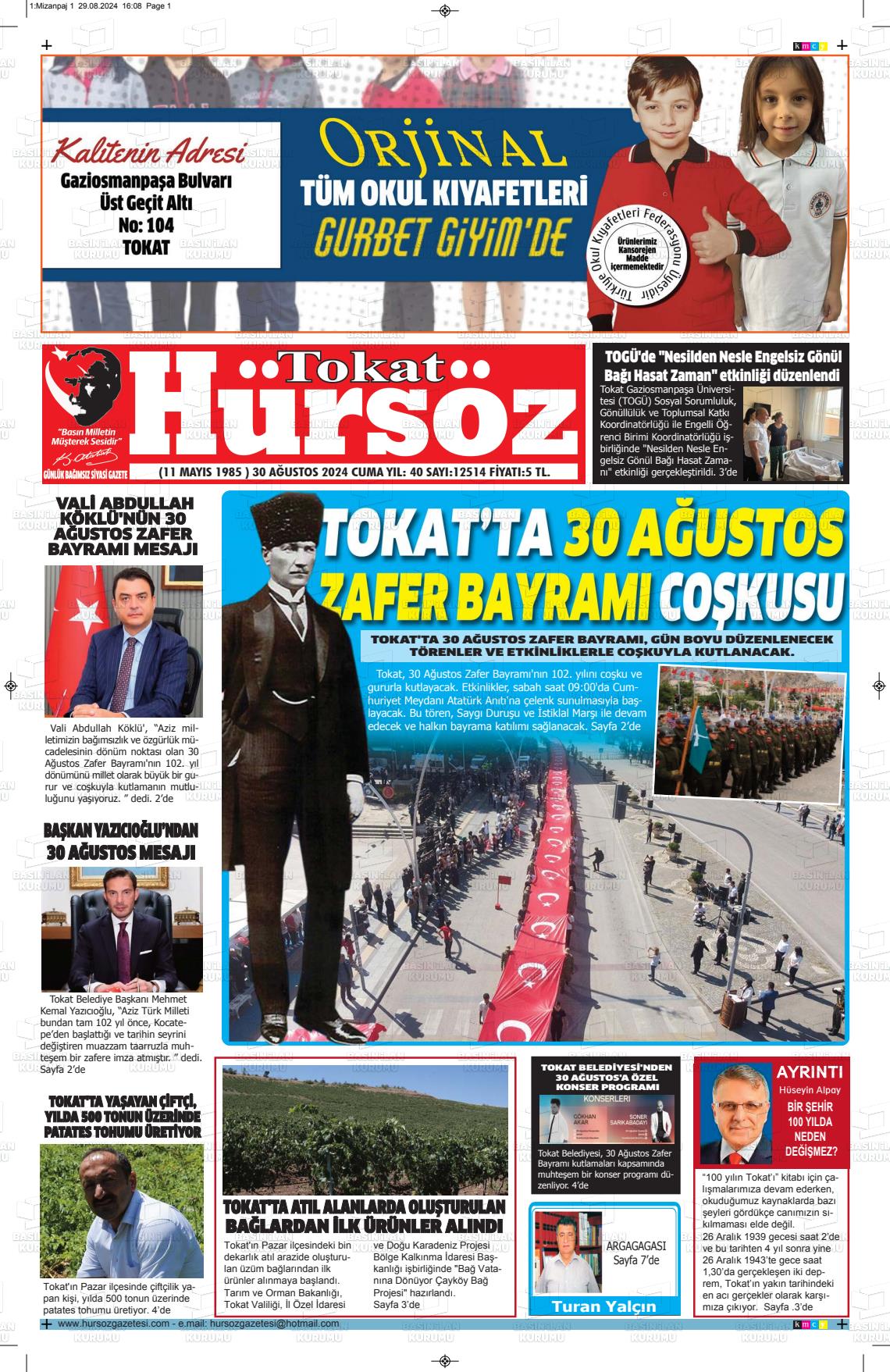 30 Ağustos 2024 Hürsöz Gazete Manşeti