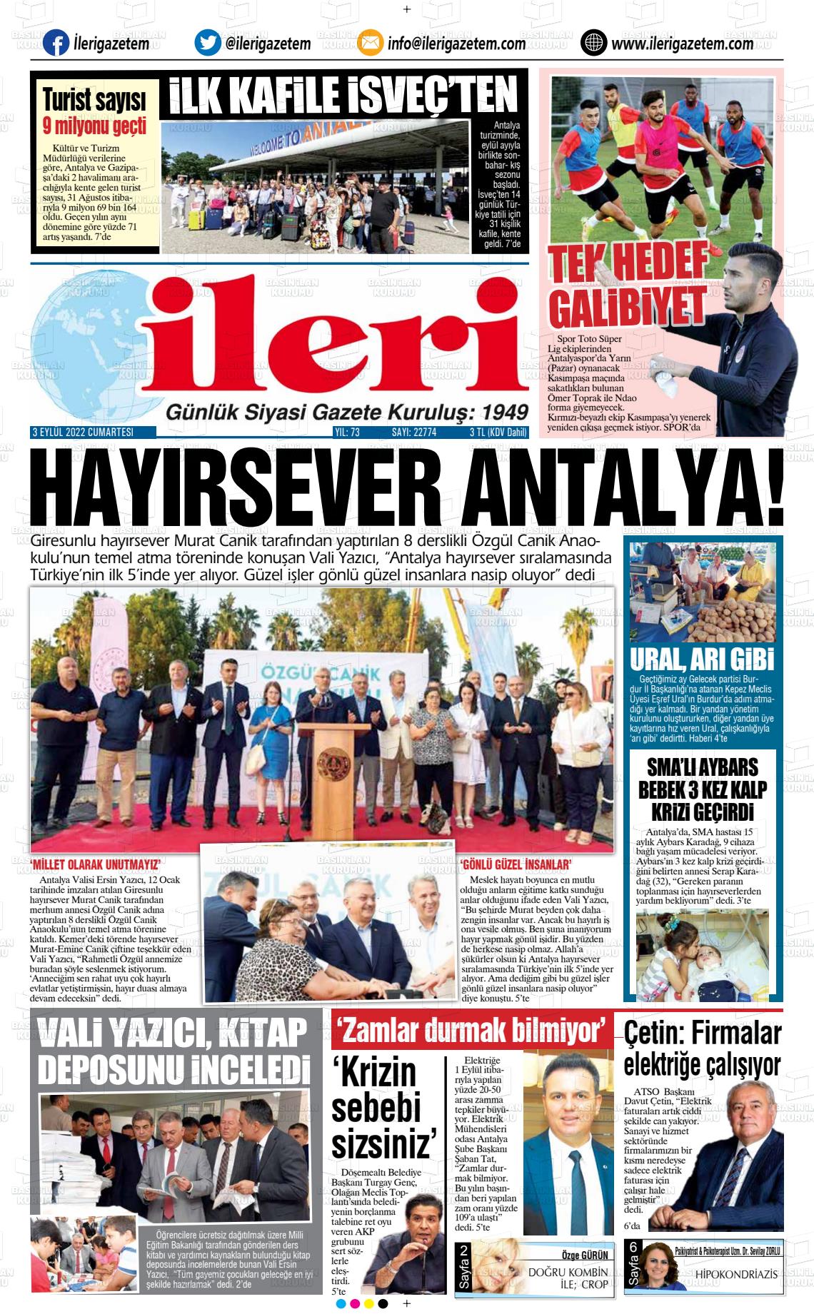 03 Eylül 2022 Antalya İleri Gazetem Gazete Manşeti