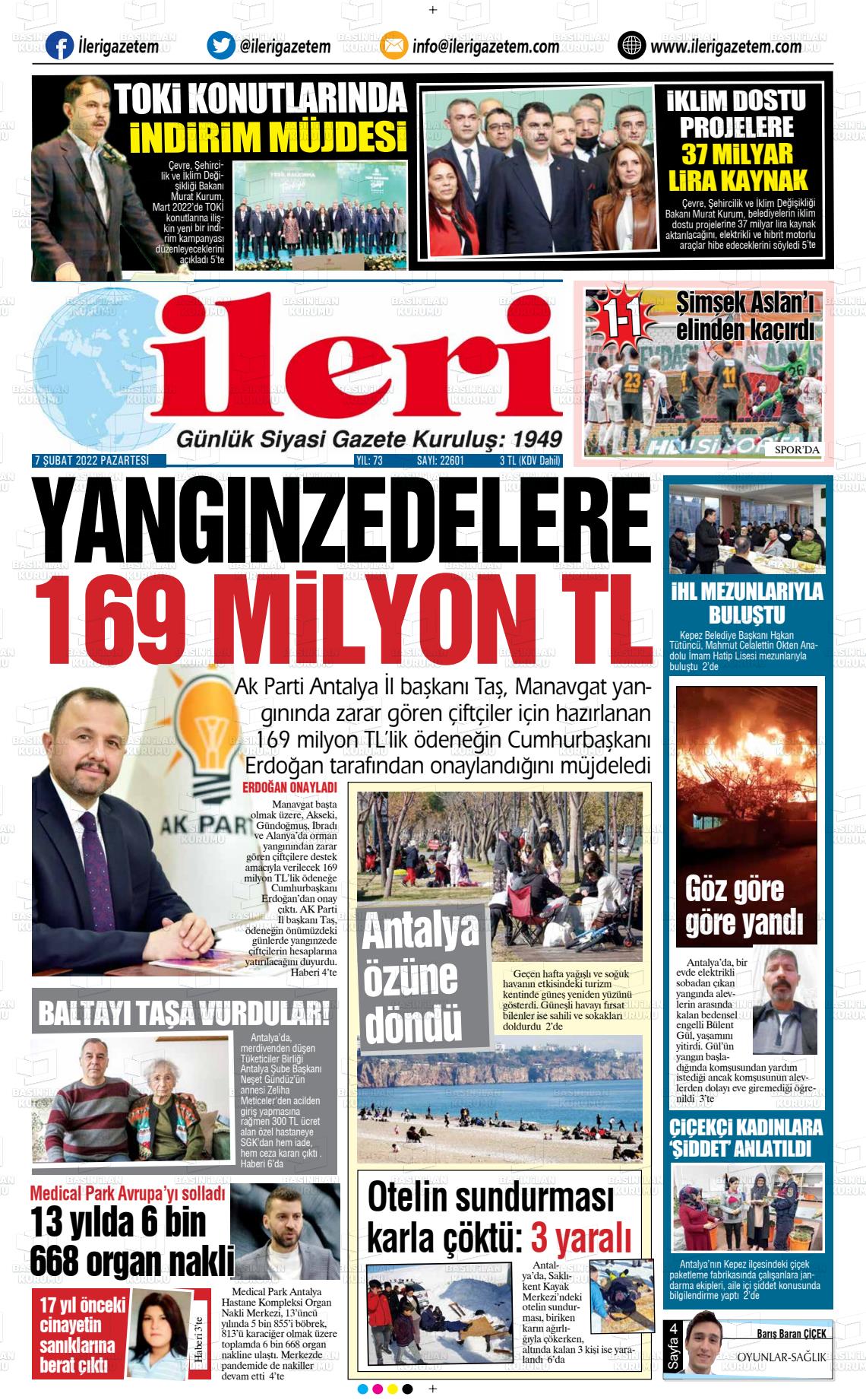 07 Şubat 2022 Antalya İleri Gazetem Gazete Manşeti