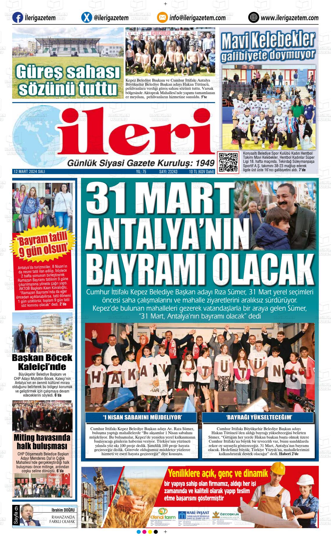 12 Mart 2024 Antalya İleri Gazetem Gazete Manşeti