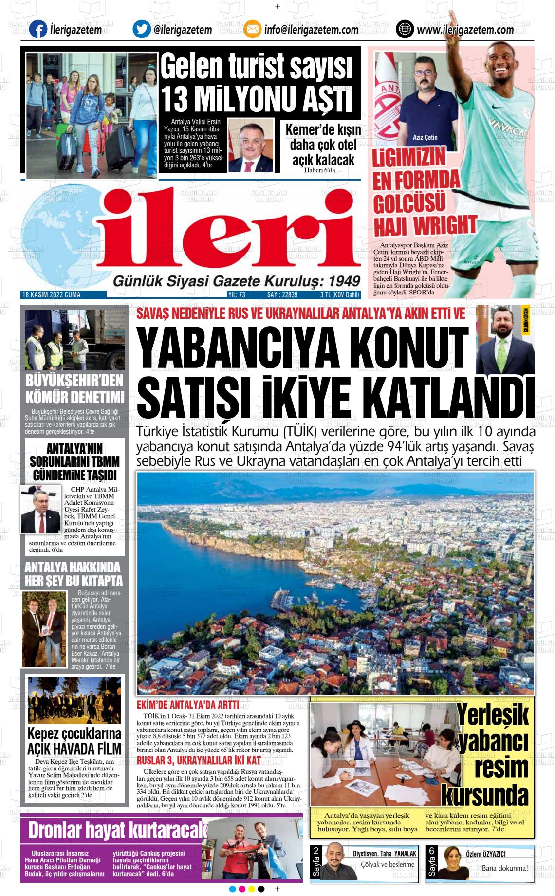 18 Kasım 2022 Antalya İleri Gazetem Gazete Manşeti