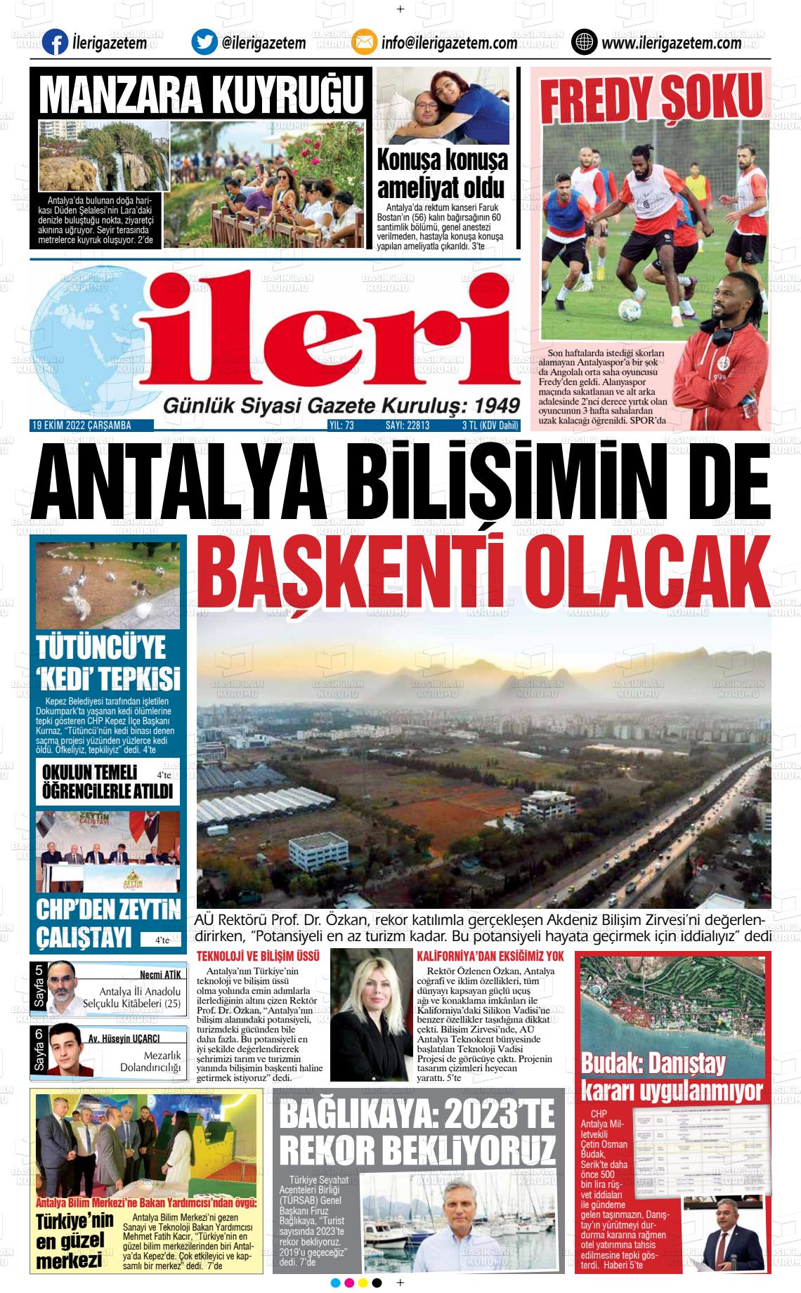 19 Ekim 2022 Antalya İleri Gazetem Gazete Manşeti