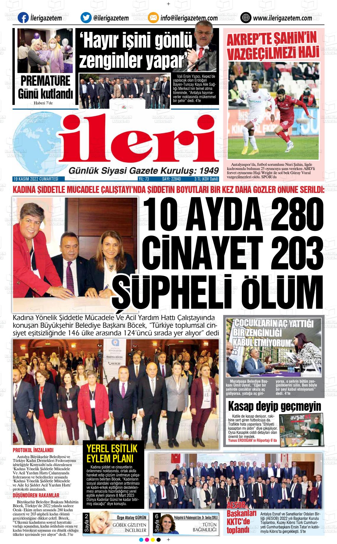 19 Kasım 2022 Antalya İleri Gazetem Gazete Manşeti