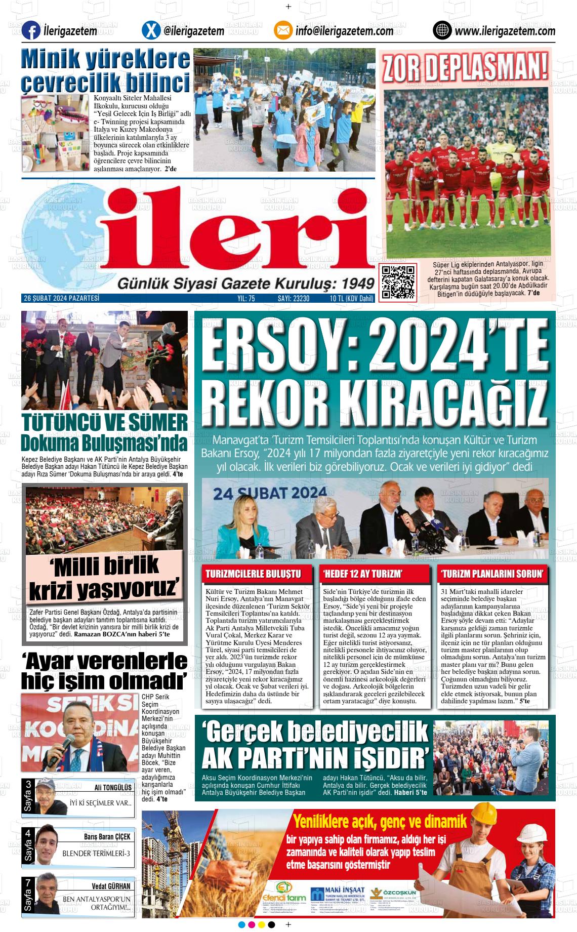 26 Şubat 2024 Antalya İleri Gazetem Gazete Manşeti