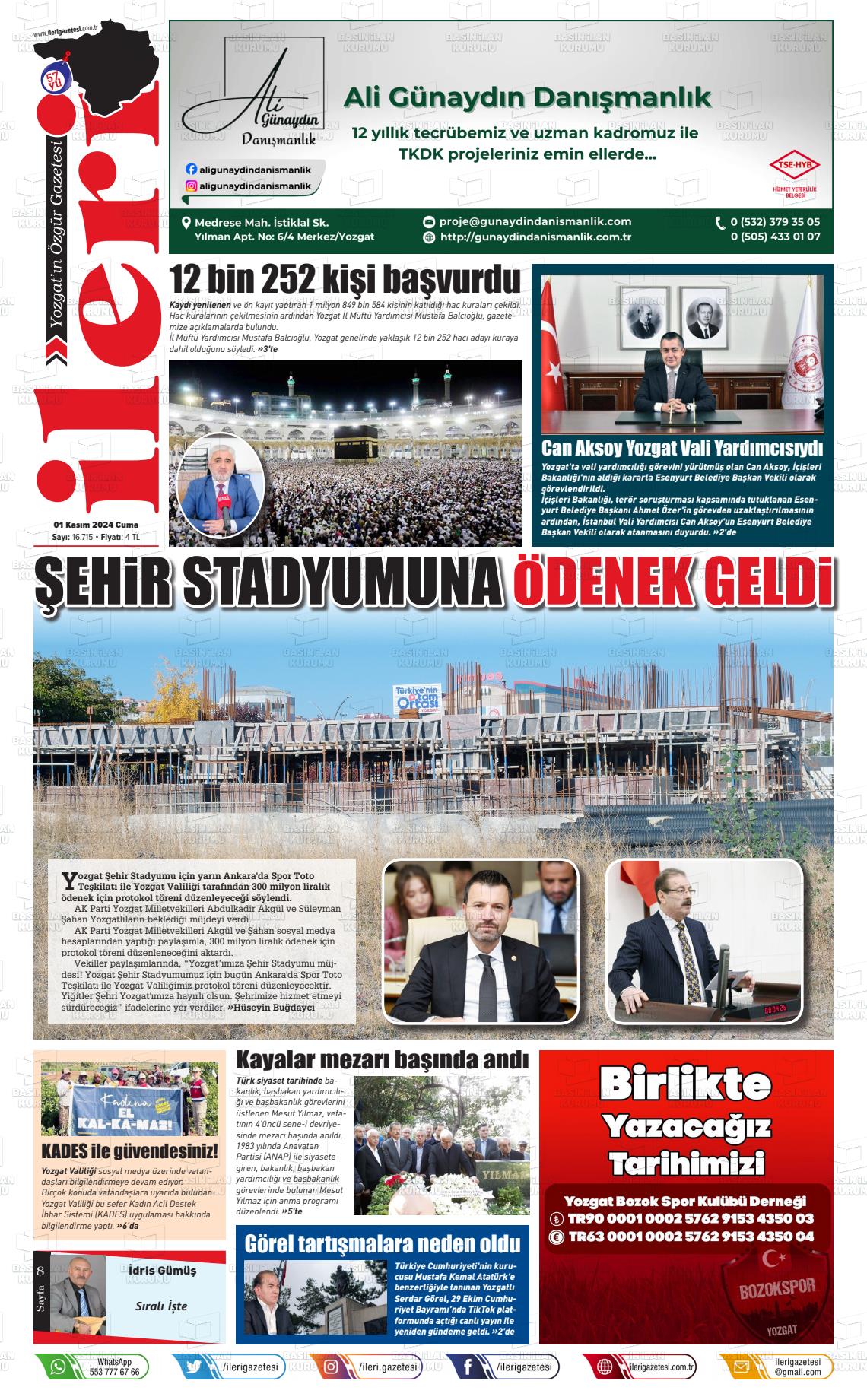 01 Kasım 2024 İleri Gazete Manşeti