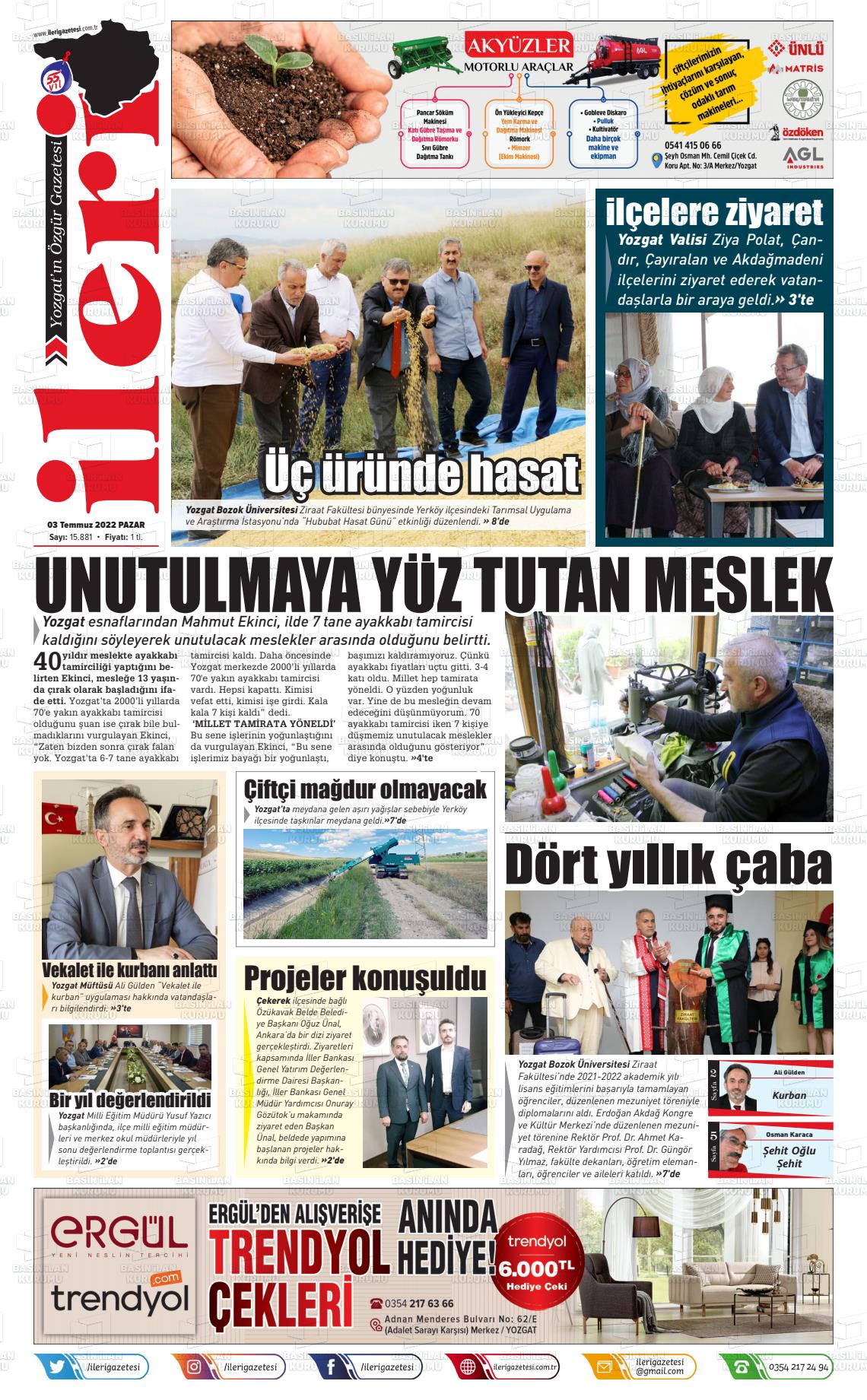 03 Temmuz 2022 İleri Gazete Manşeti