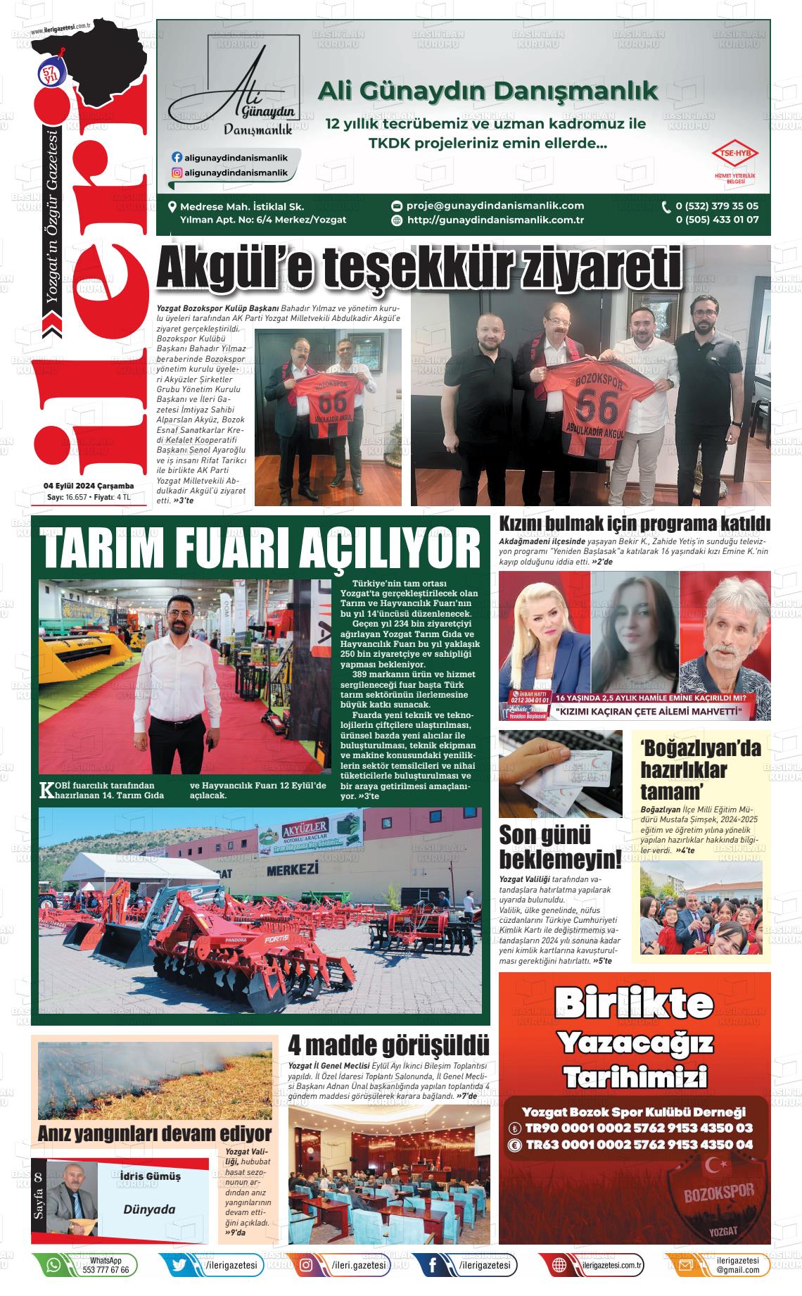 04 Eylül 2024 İleri Gazete Manşeti