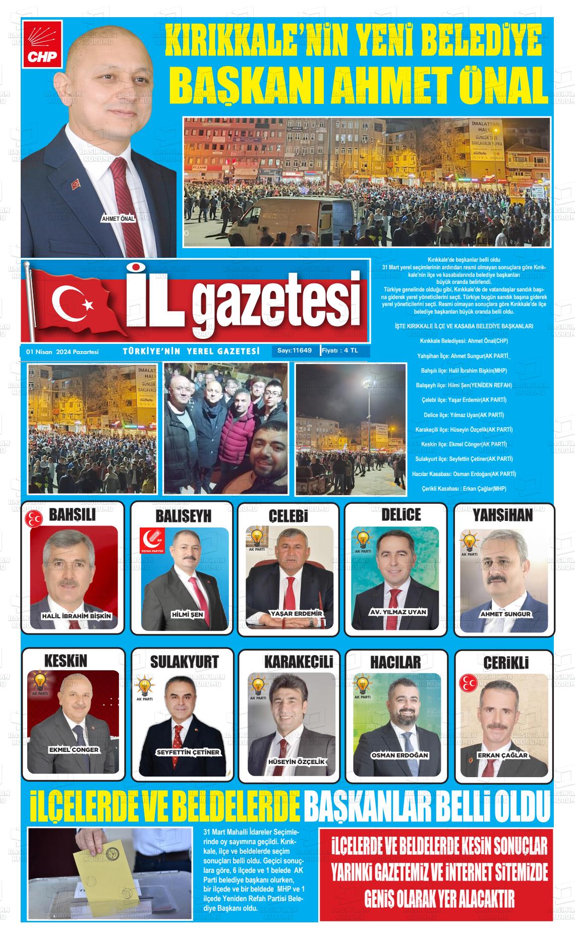 01 Nisan 2024 Kırıkkale İl Gazete Manşeti