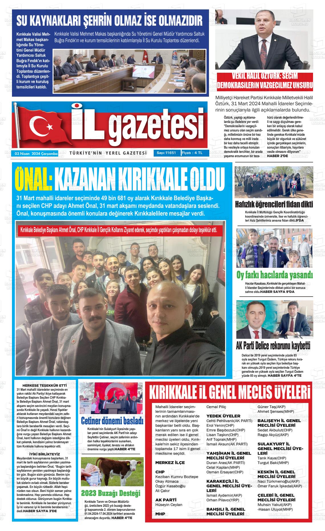 03 Nisan 2024 Kırıkkale İl Gazete Manşeti