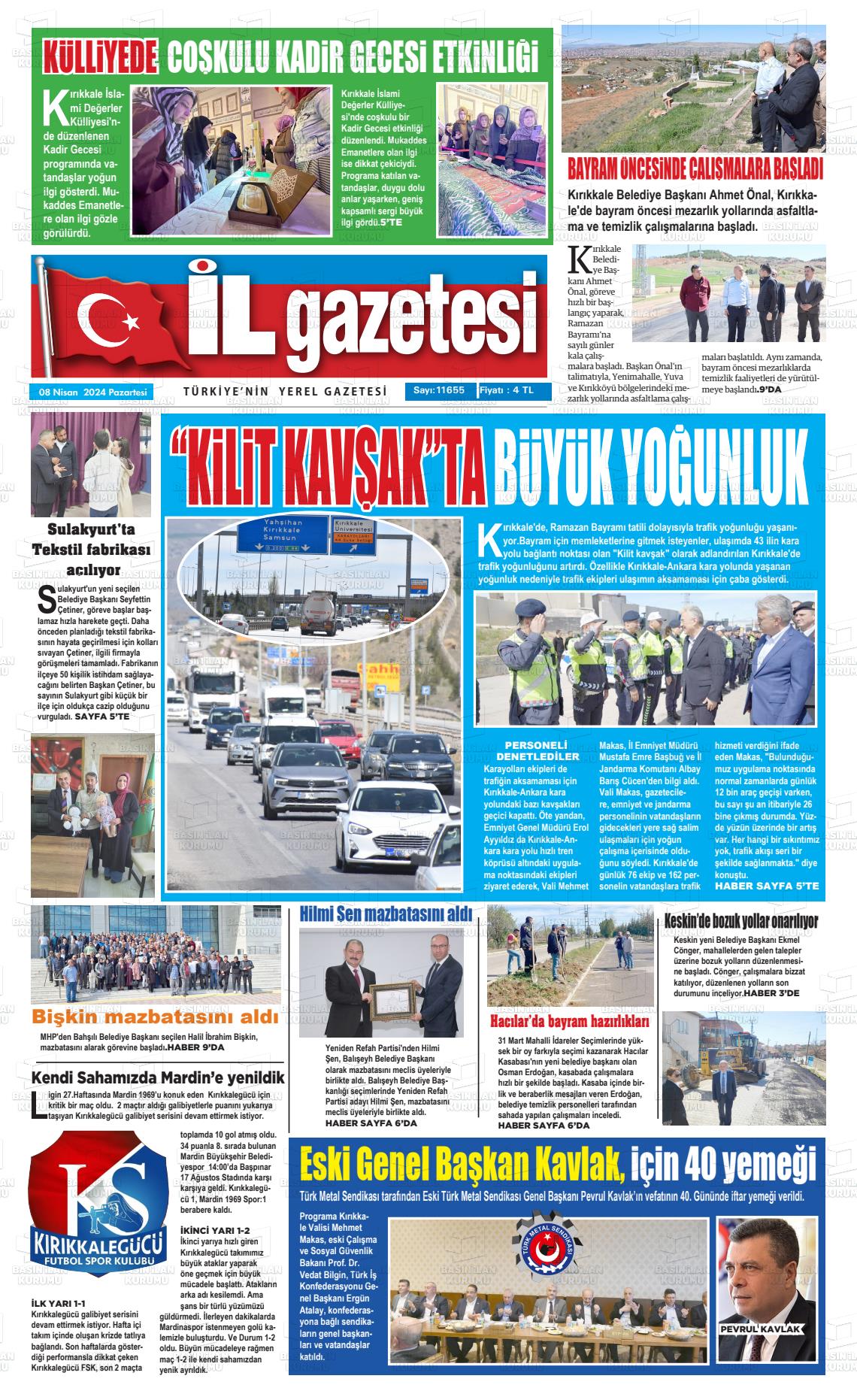 08 Nisan 2024 Kırıkkale İl Gazete Manşeti