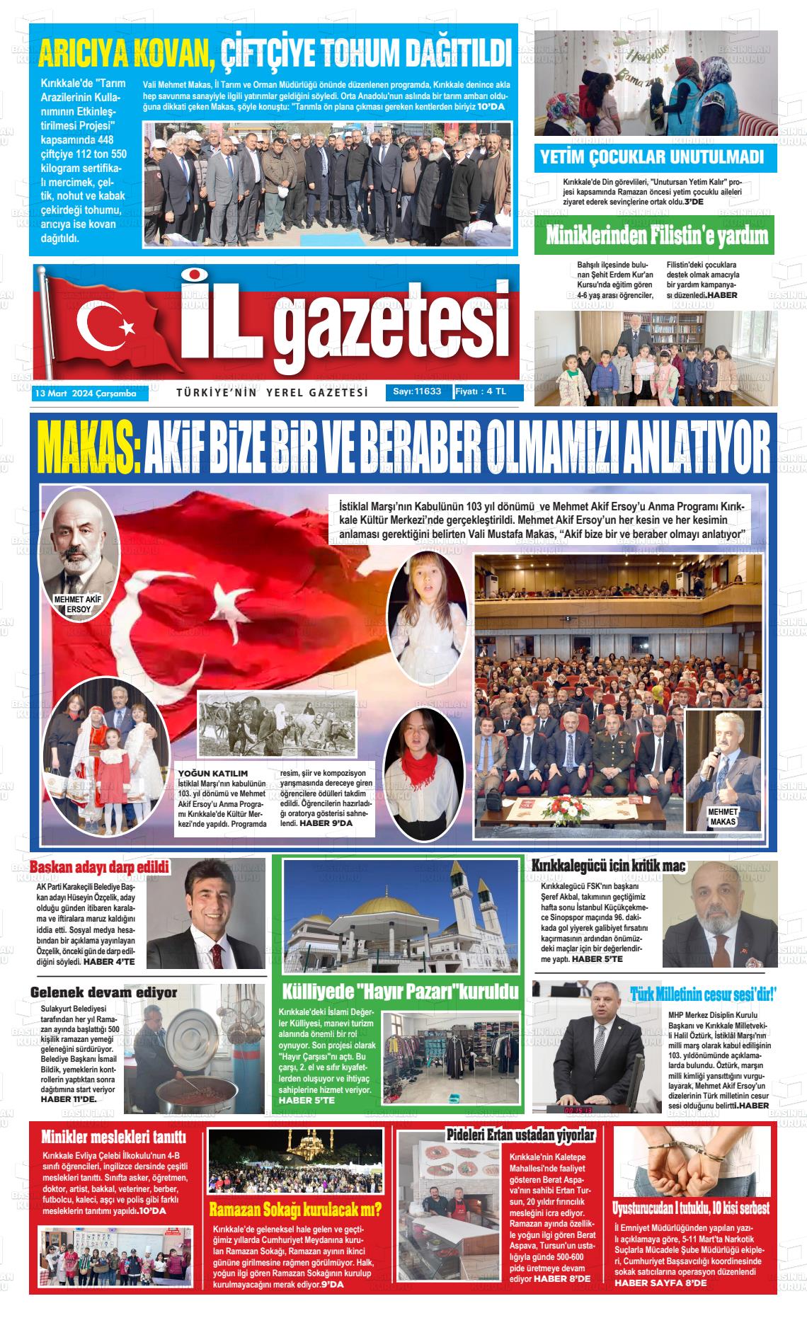 13 Mart 2024 Kırıkkale İl Gazete Manşeti