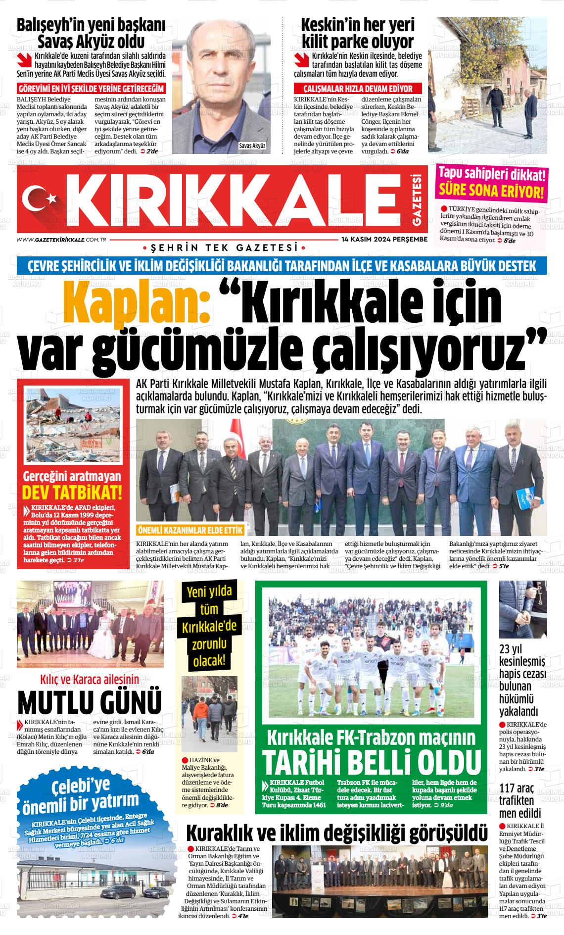 14 Kasım 2024 Kırıkkale İl Gazete Manşeti