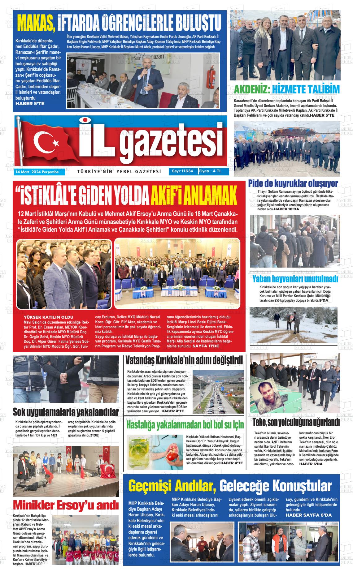 14 Mart 2024 Kırıkkale İl Gazete Manşeti