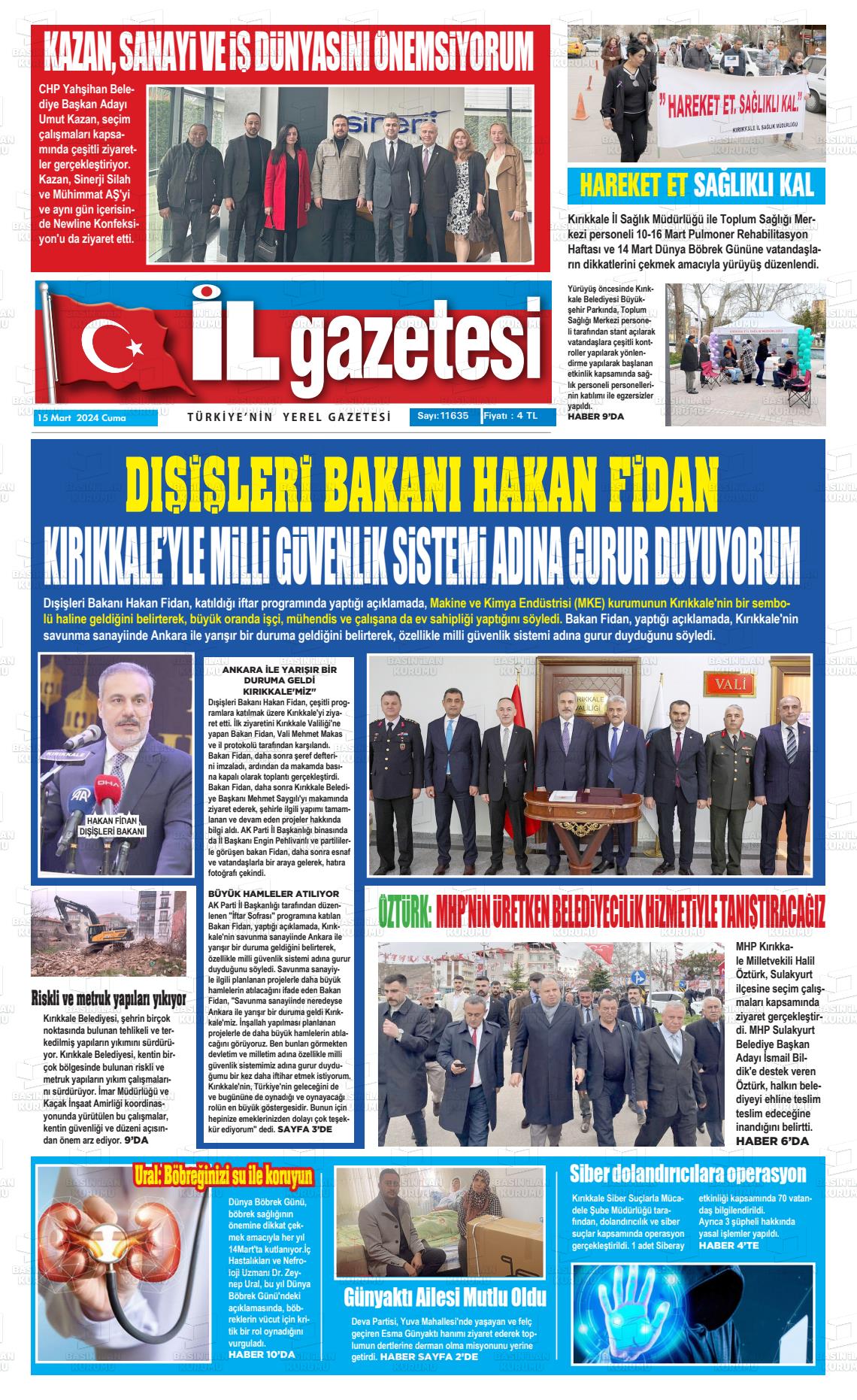 15 Mart 2024 Kırıkkale İl Gazete Manşeti