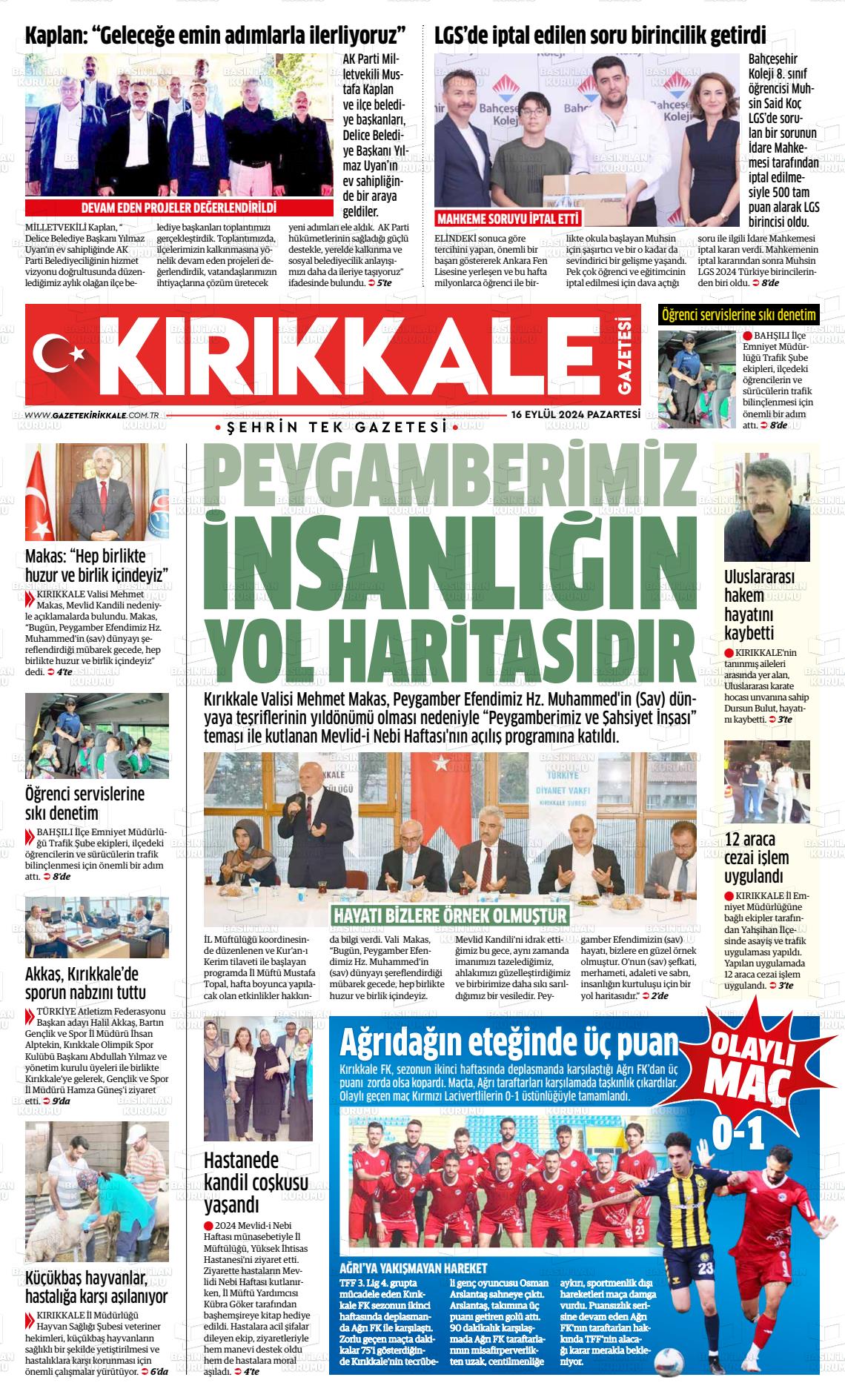 16 Eylül 2024 Kırıkkale İl Gazete Manşeti