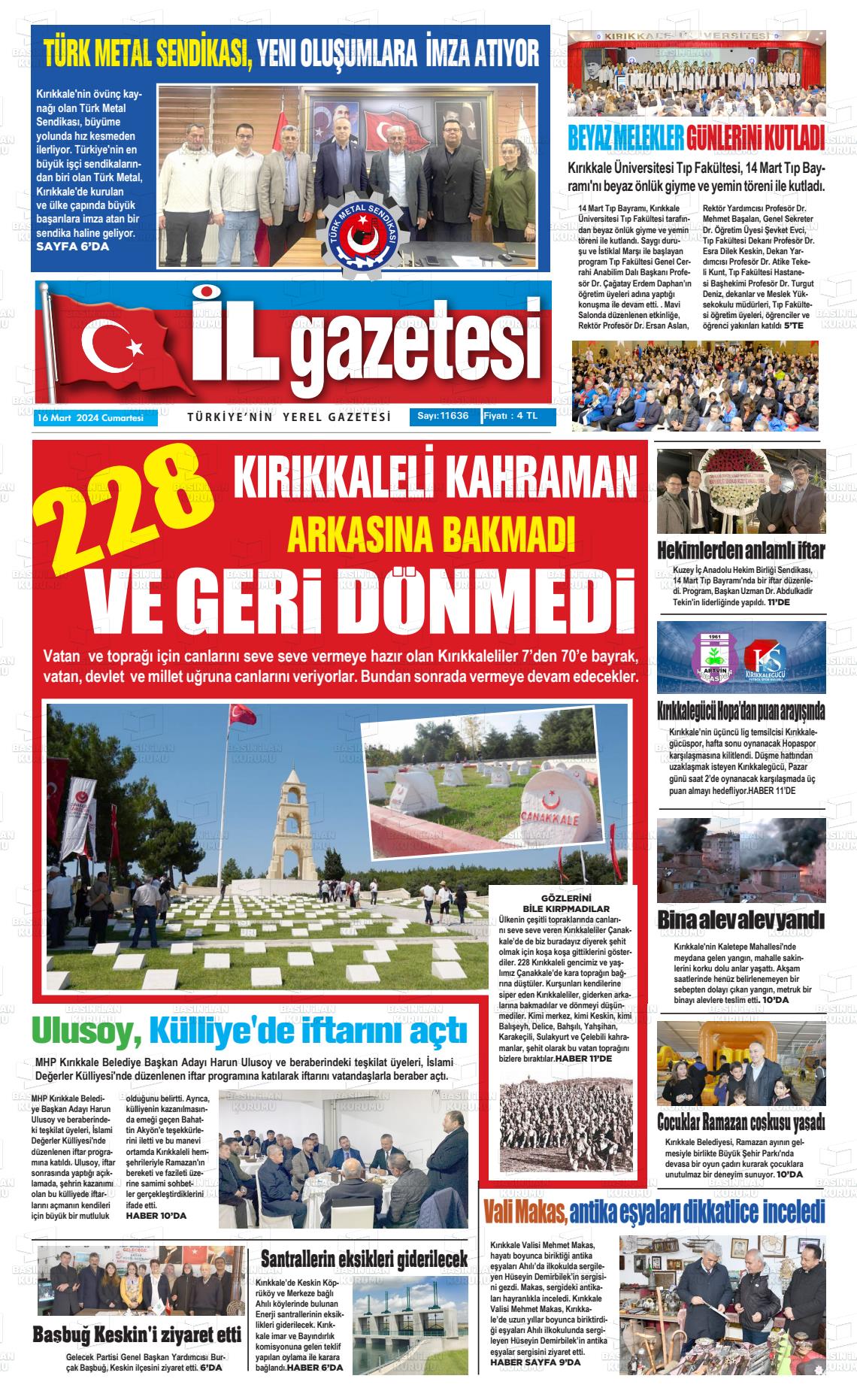 16 Mart 2024 Kırıkkale İl Gazete Manşeti