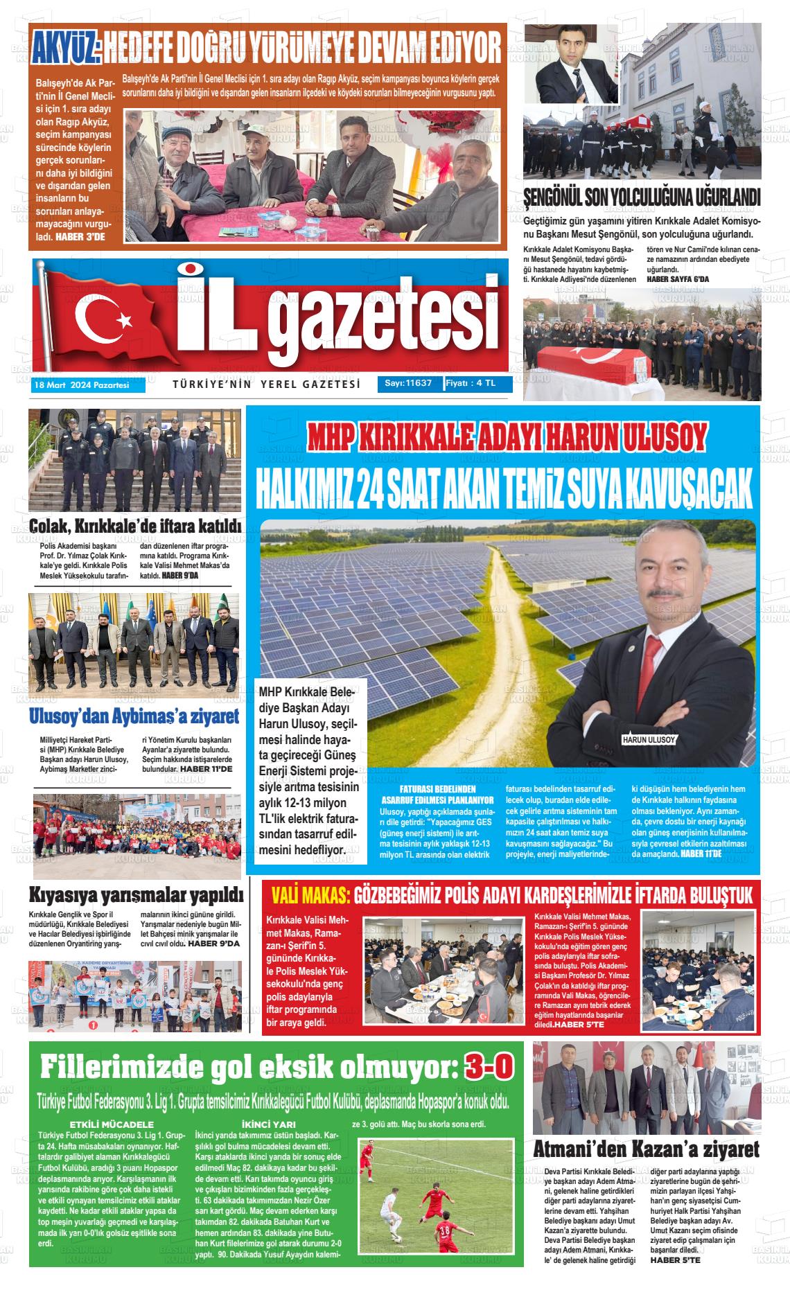 18 Mart 2024 Kırıkkale İl Gazete Manşeti