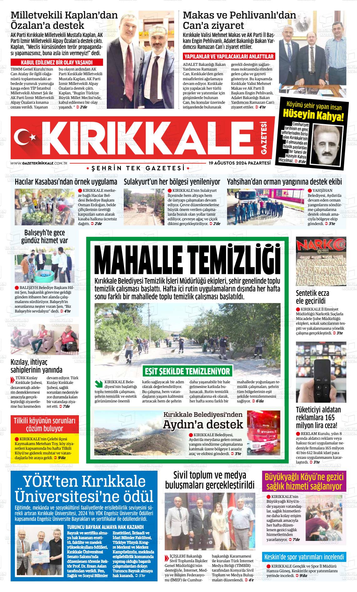 19 Ağustos 2024 Kırıkkale İl Gazete Manşeti