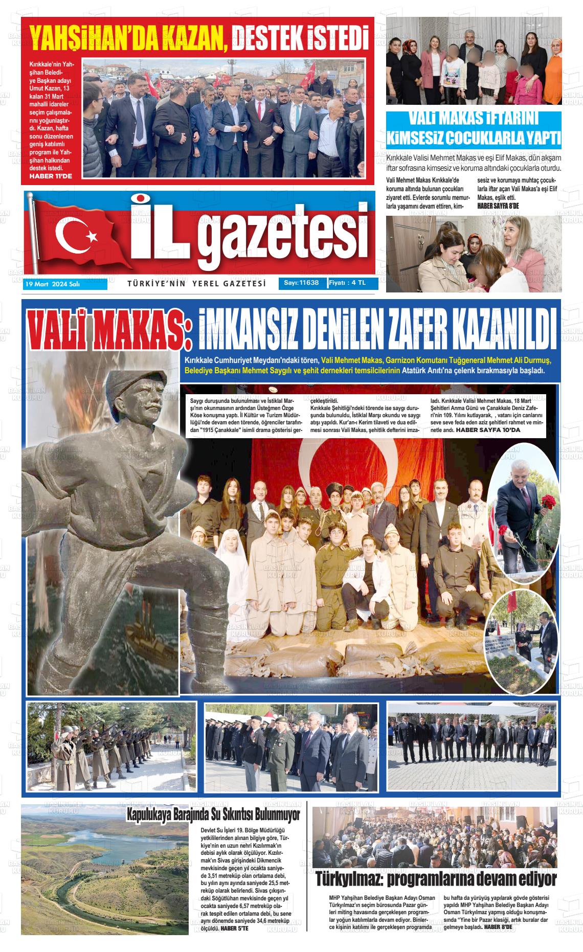 19 Mart 2024 Kırıkkale İl Gazete Manşeti