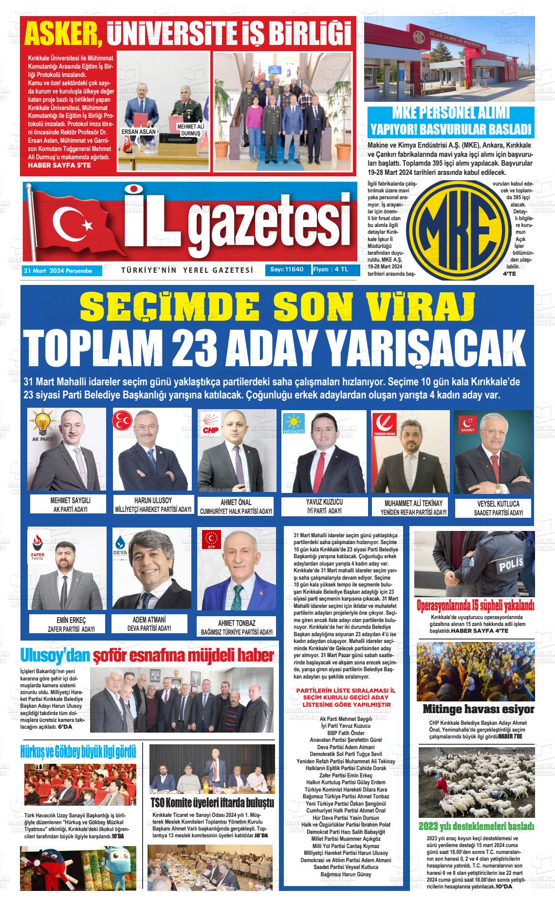 21 Mart 2024 Kırıkkale İl Gazete Manşeti