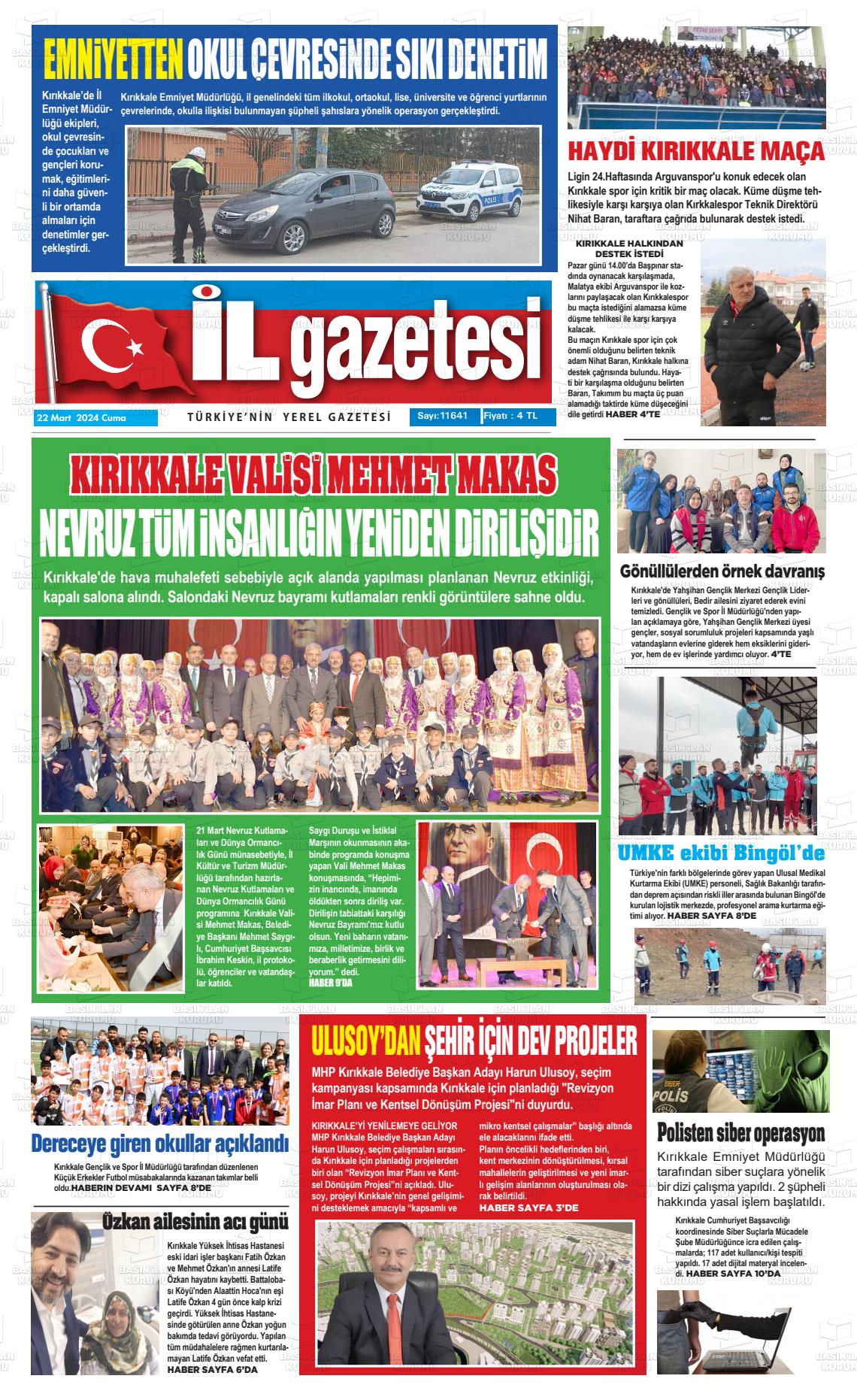 22 Mart 2024 Kırıkkale İl Gazete Manşeti