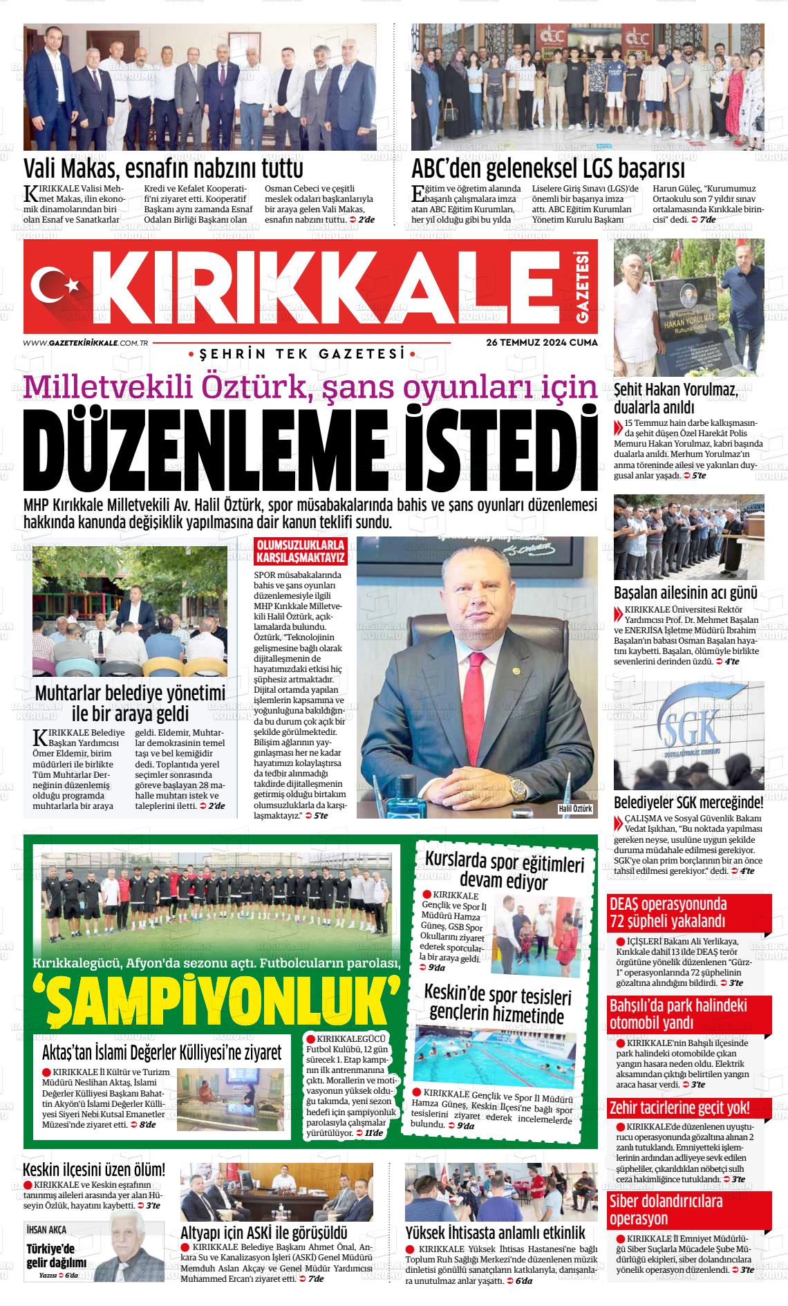 27 Temmuz 2024 Kırıkkale İl Gazete Manşeti