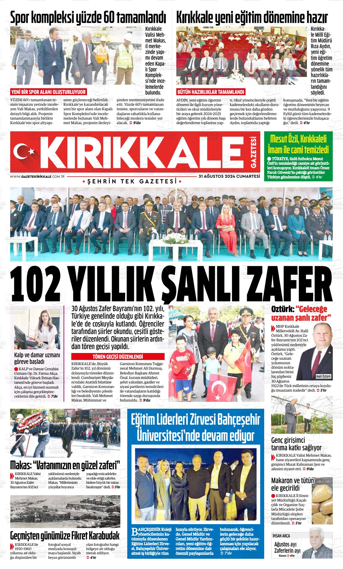 31 Ağustos 2024 Kırıkkale İl Gazete Manşeti