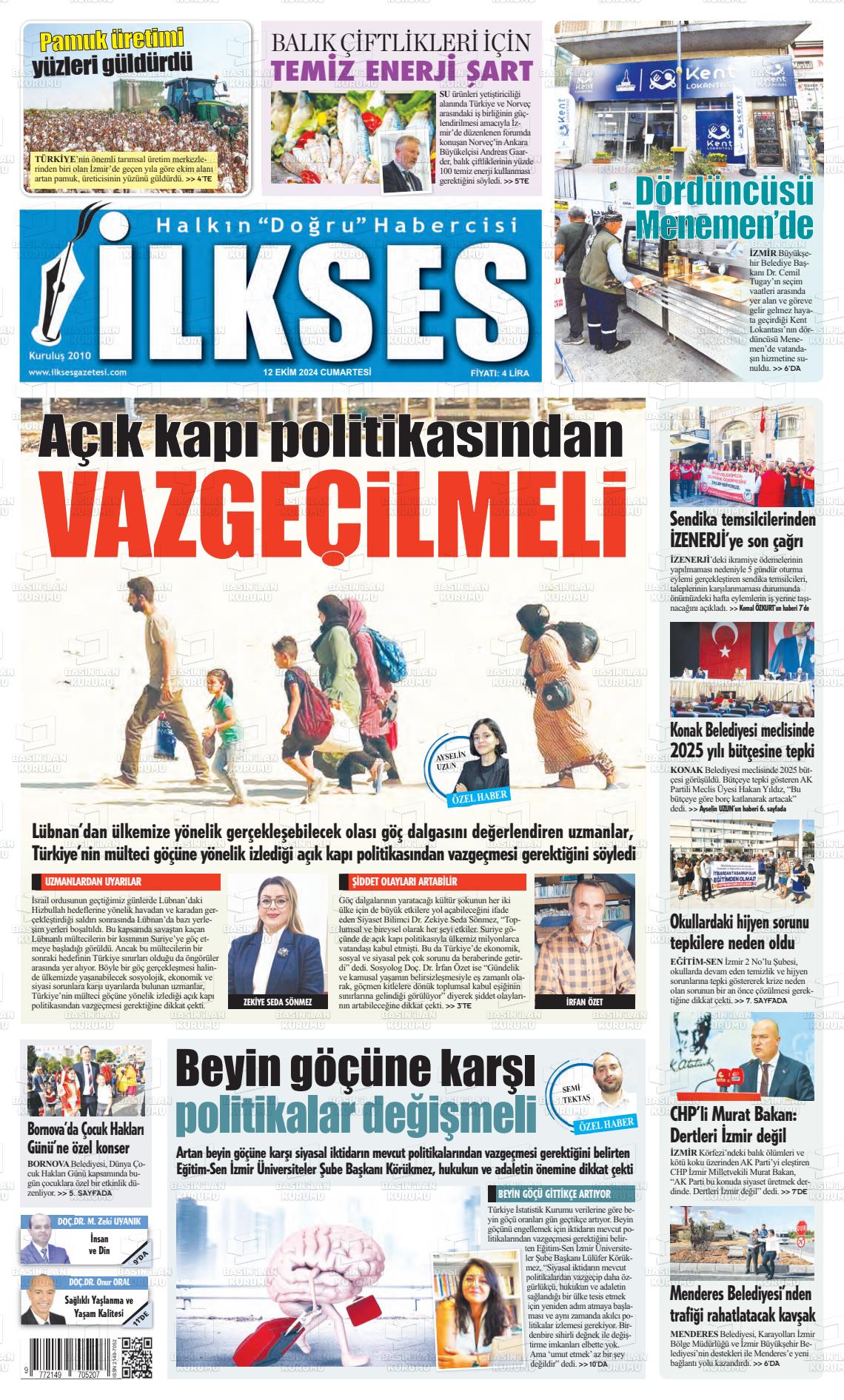 12 Ekim 2024 İlkses Gazete Manşeti