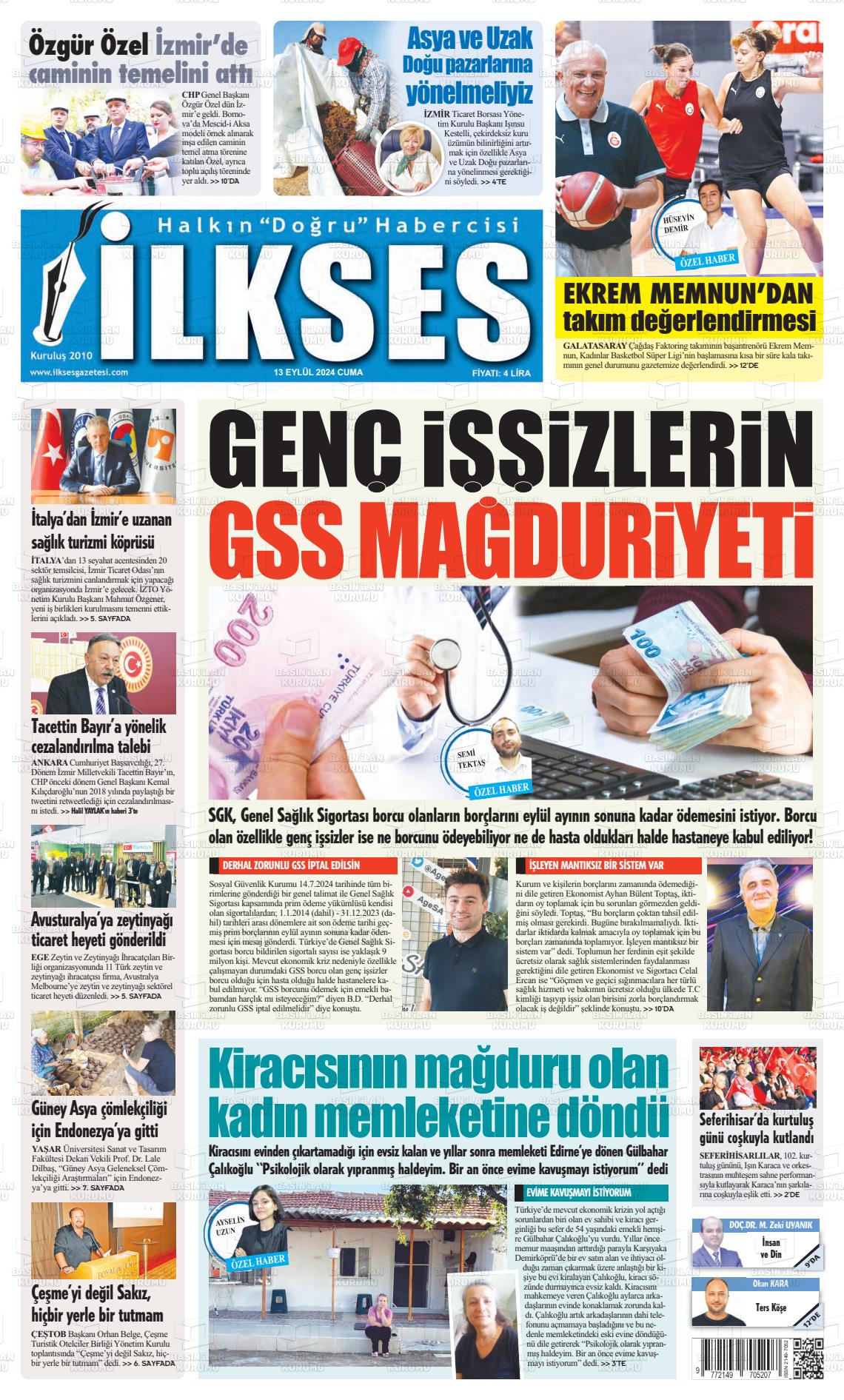 13 Eylül 2024 İlkses Gazete Manşeti