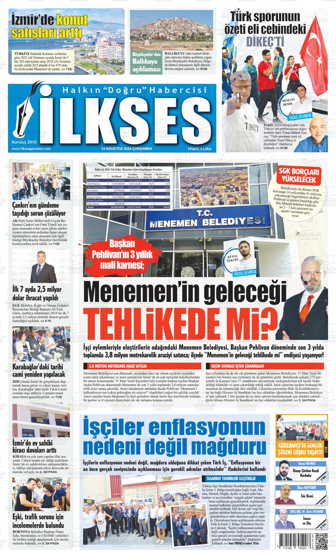 14 Ağustos 2024 İlkses Gazete Manşeti