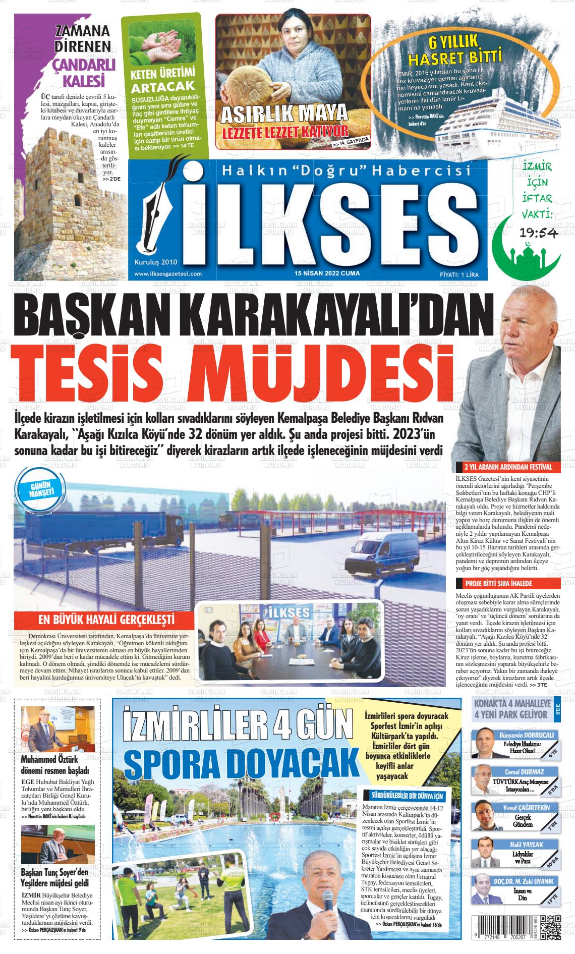 15 Nisan 2022 İlkses Gazete Manşeti