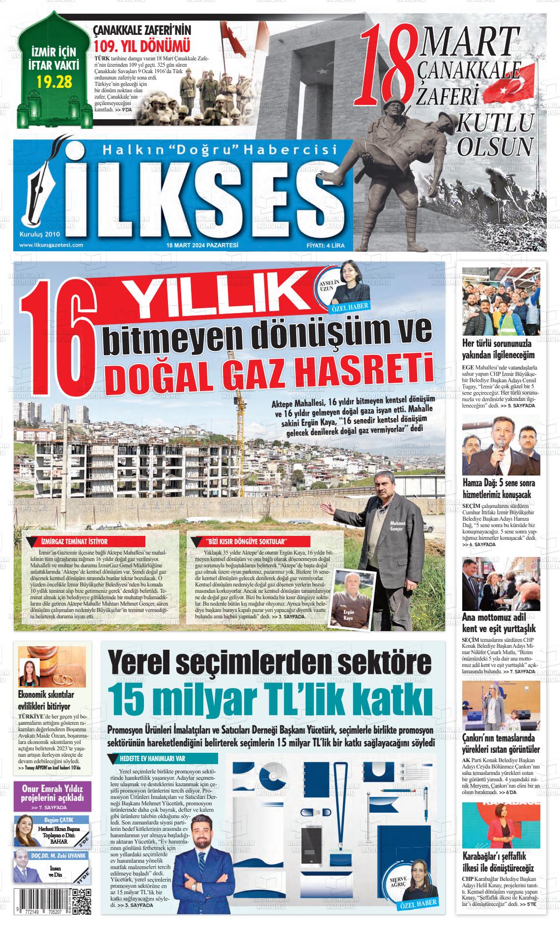 18 Mart 2024 İlkses Gazete Manşeti