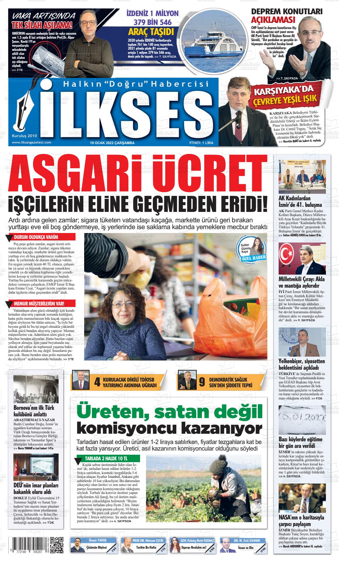 19 Ocak 2022 İlkses Gazete Manşeti