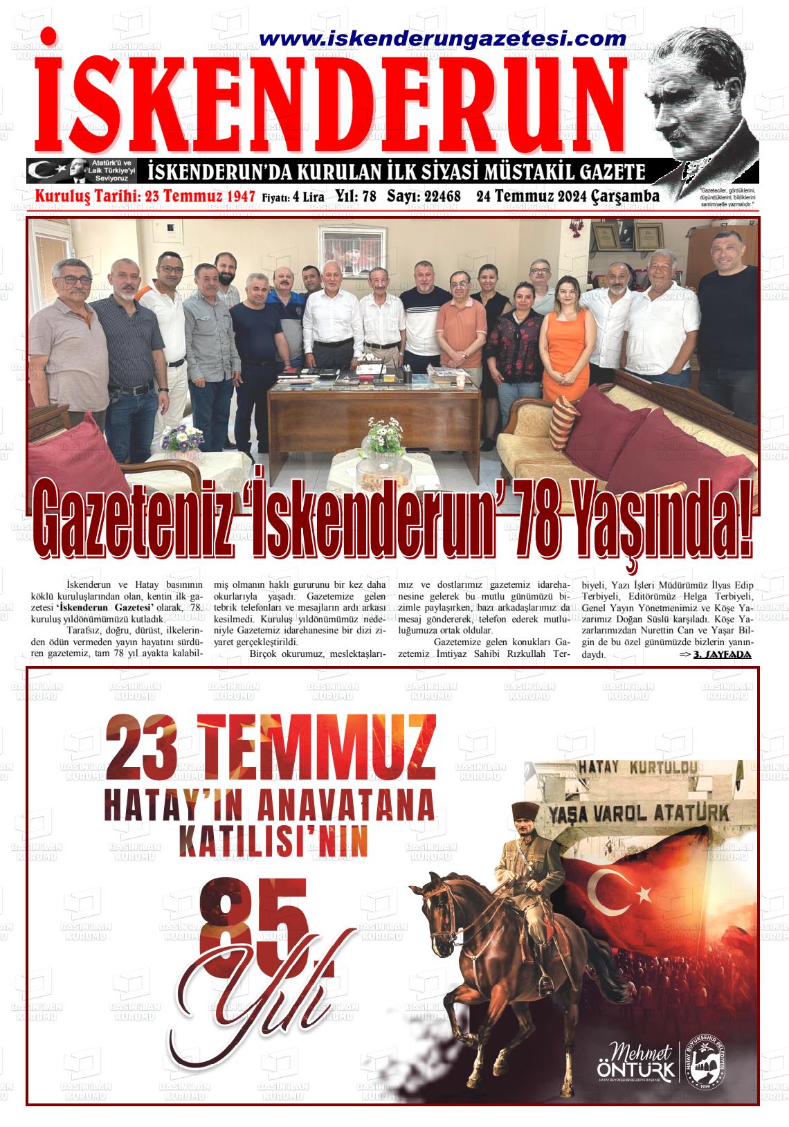 24 Temmuz 2024 İskenderun Gazete Manşeti