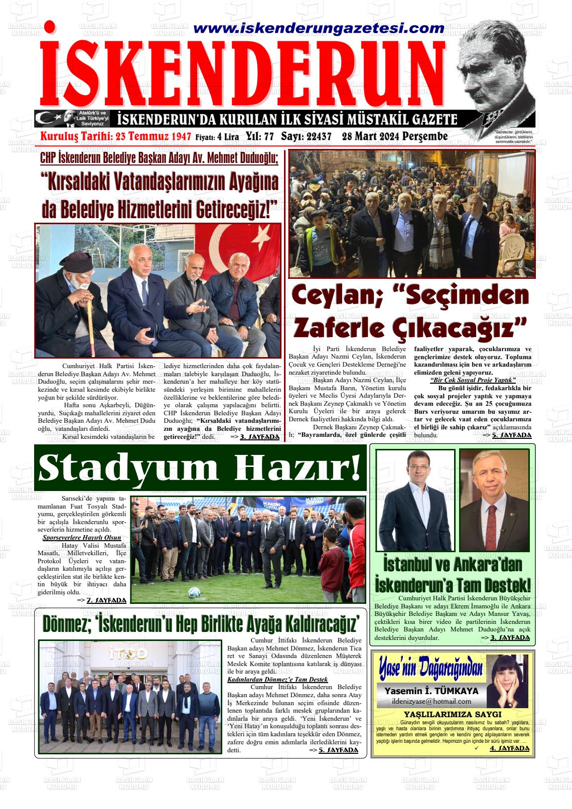 28 Mart 2024 İskenderun Gazete Manşeti