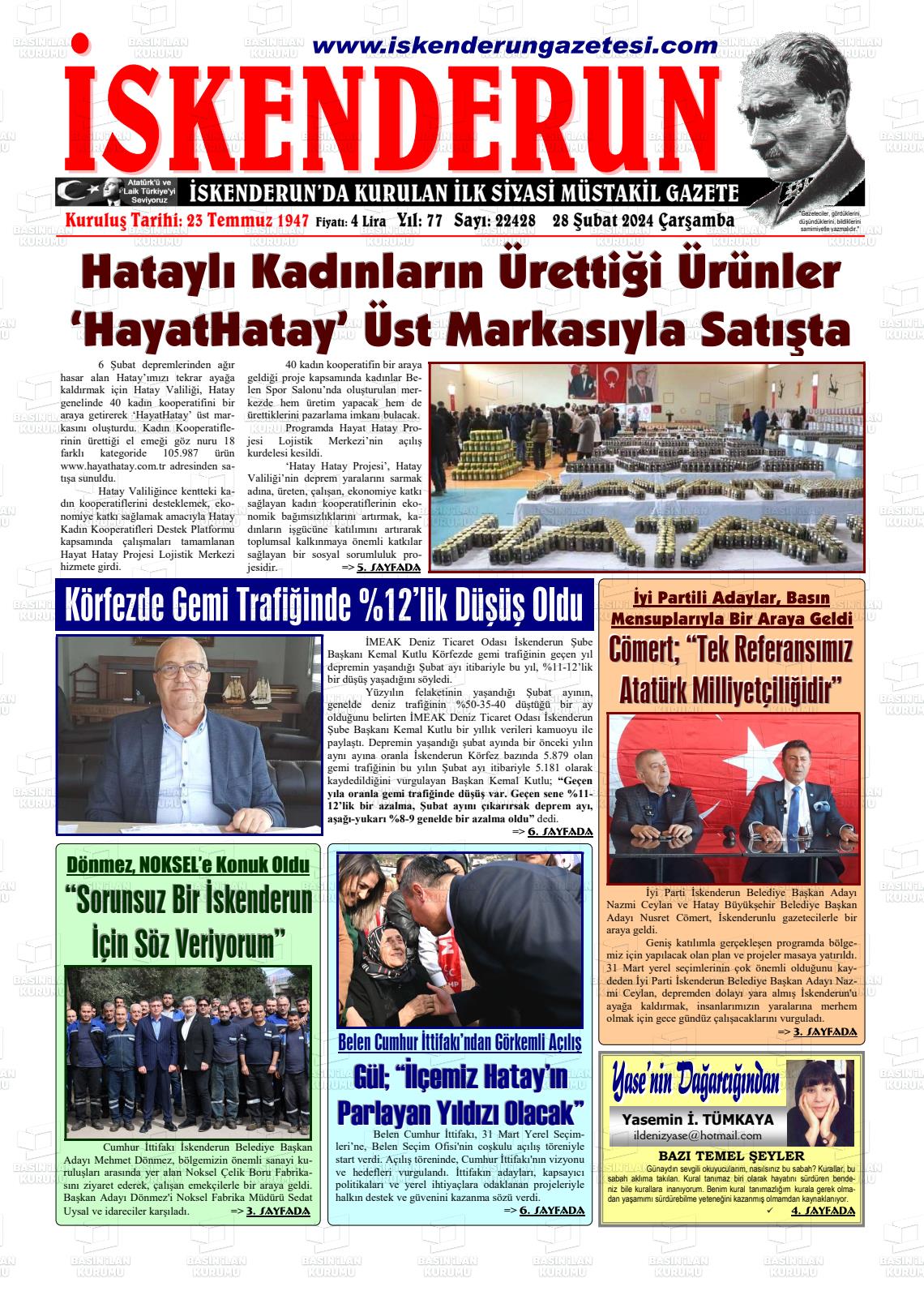 28 Şubat 2024 İskenderun Gazete Manşeti