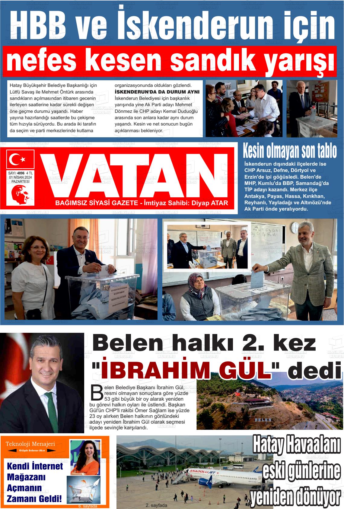 01 Nisan 2024 İskenderun Vatan Gazete Manşeti