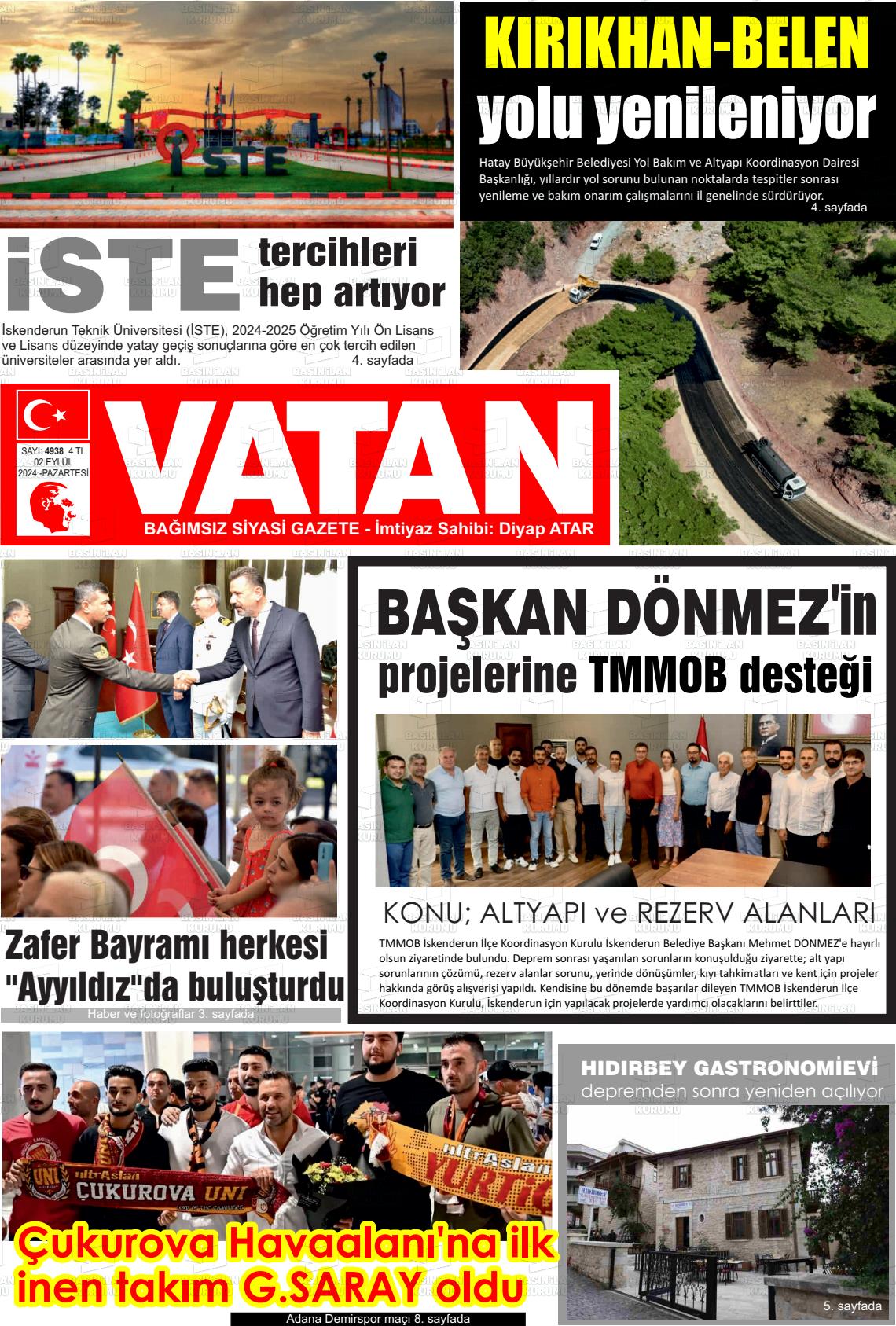 02 Eylül 2024 İskenderun Vatan Gazete Manşeti