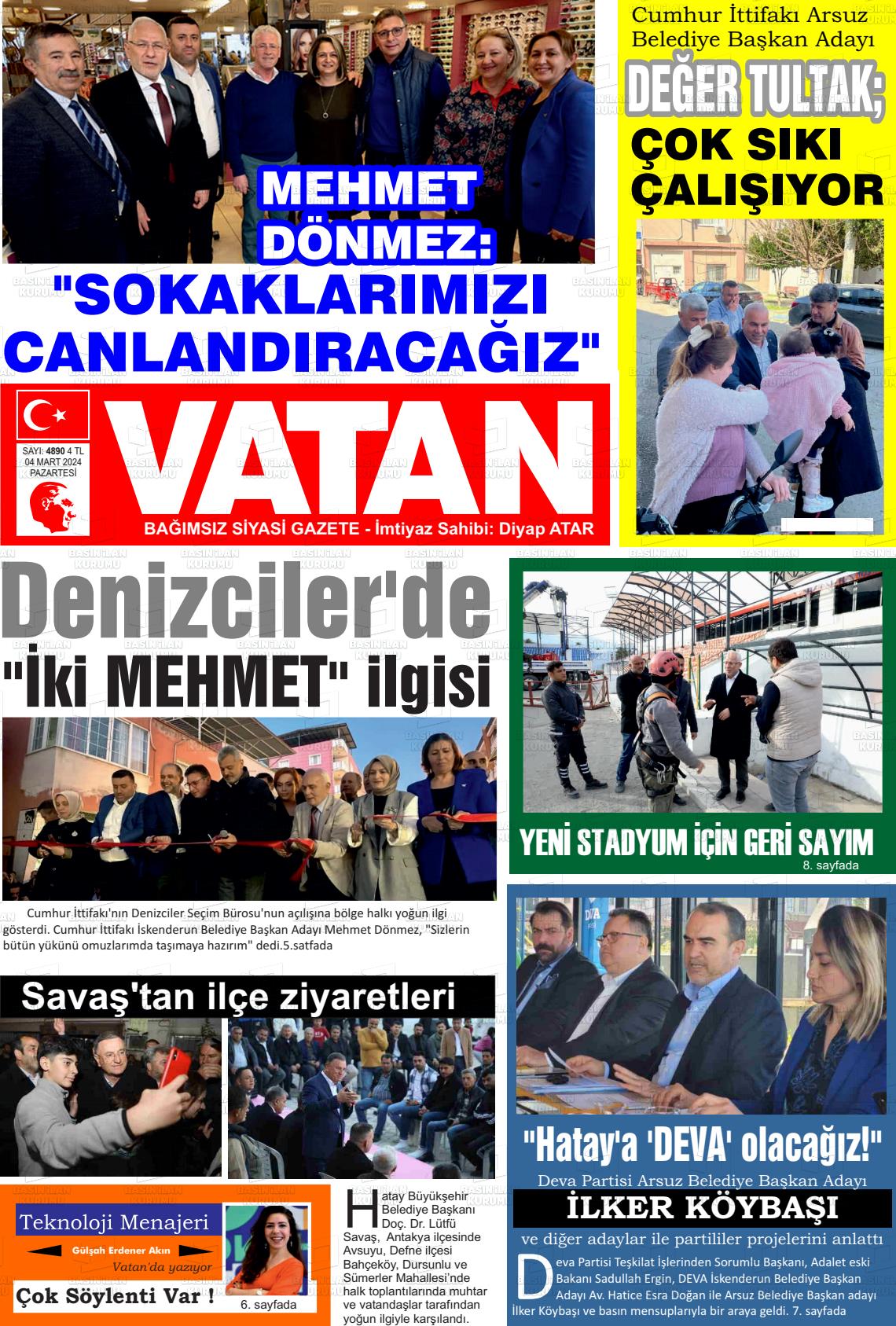 04 Mart 2024 İskenderun Vatan Gazete Manşeti