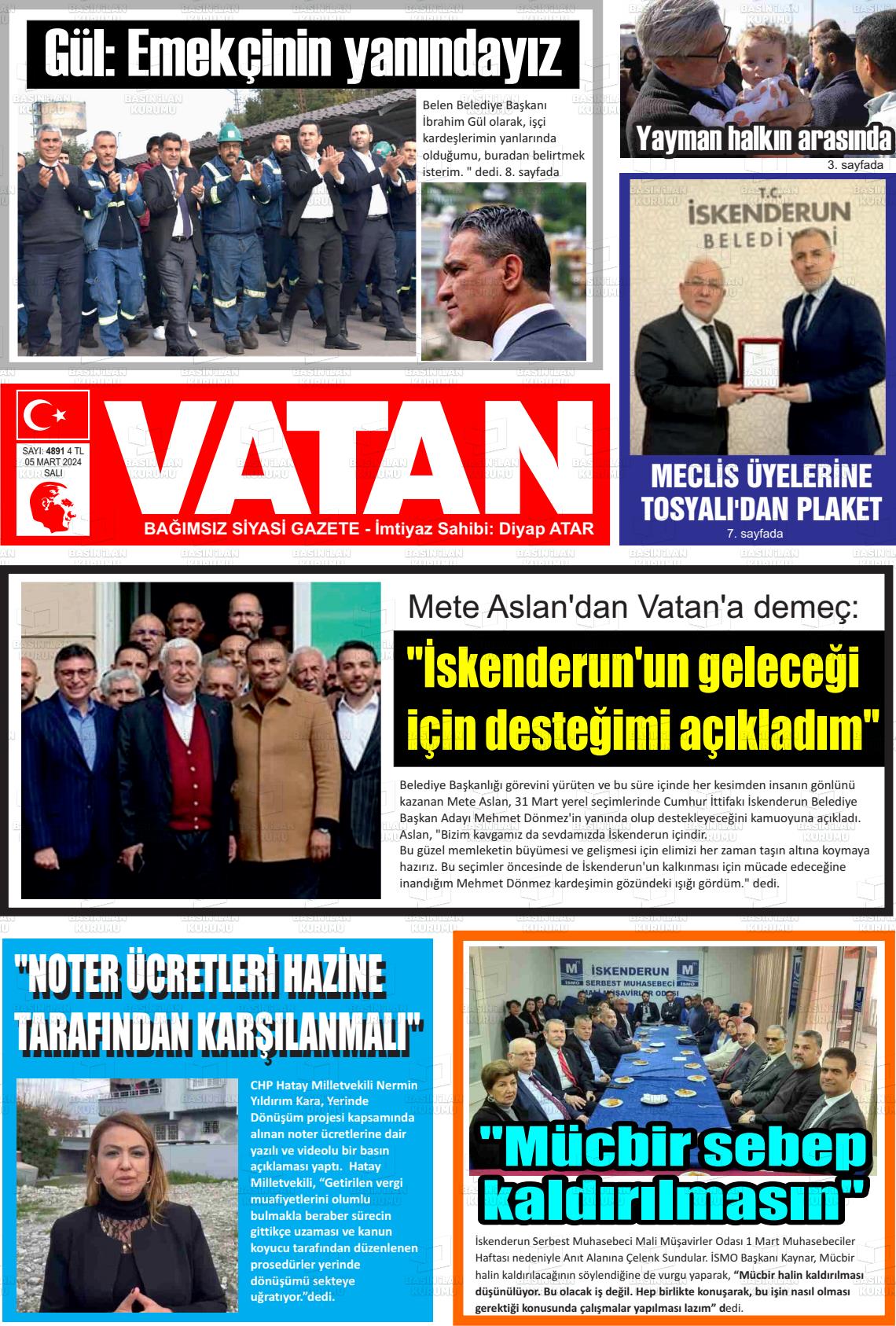 07 Mart 2024 İskenderun Vatan Gazete Manşeti