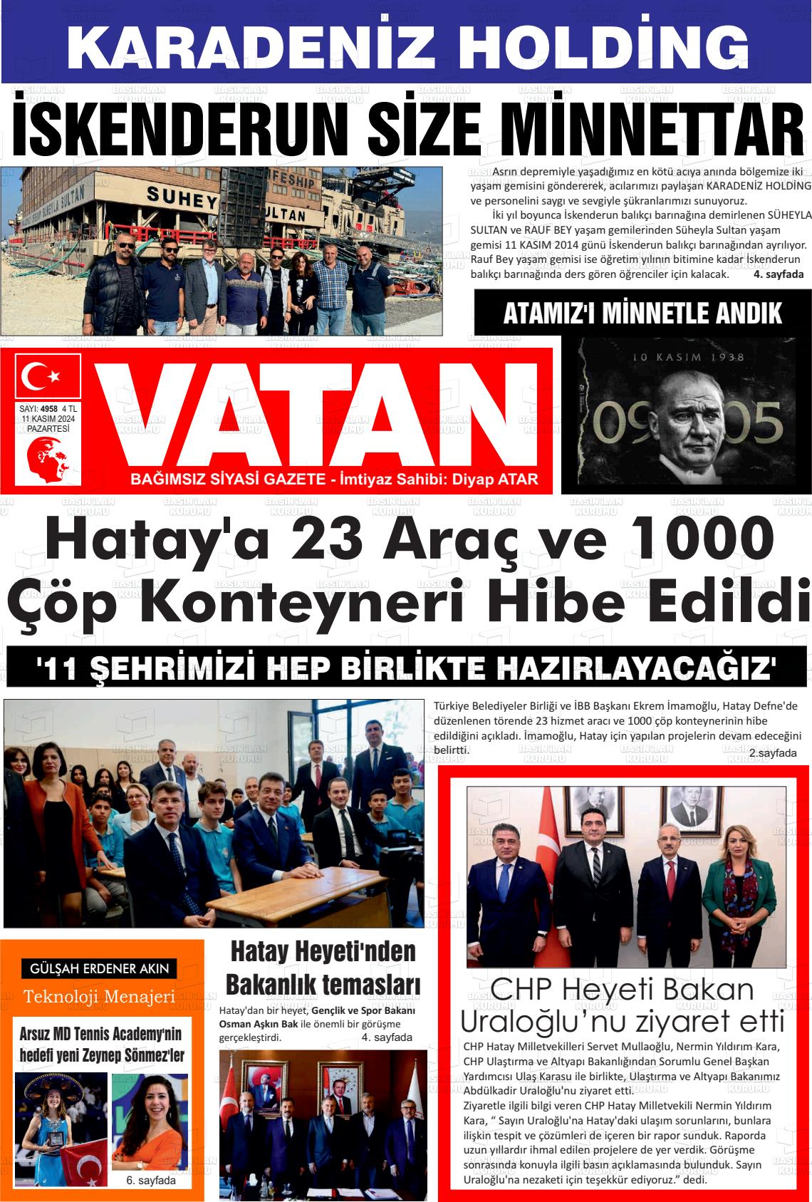 11 Kasım 2024 İskenderun Vatan Gazete Manşeti