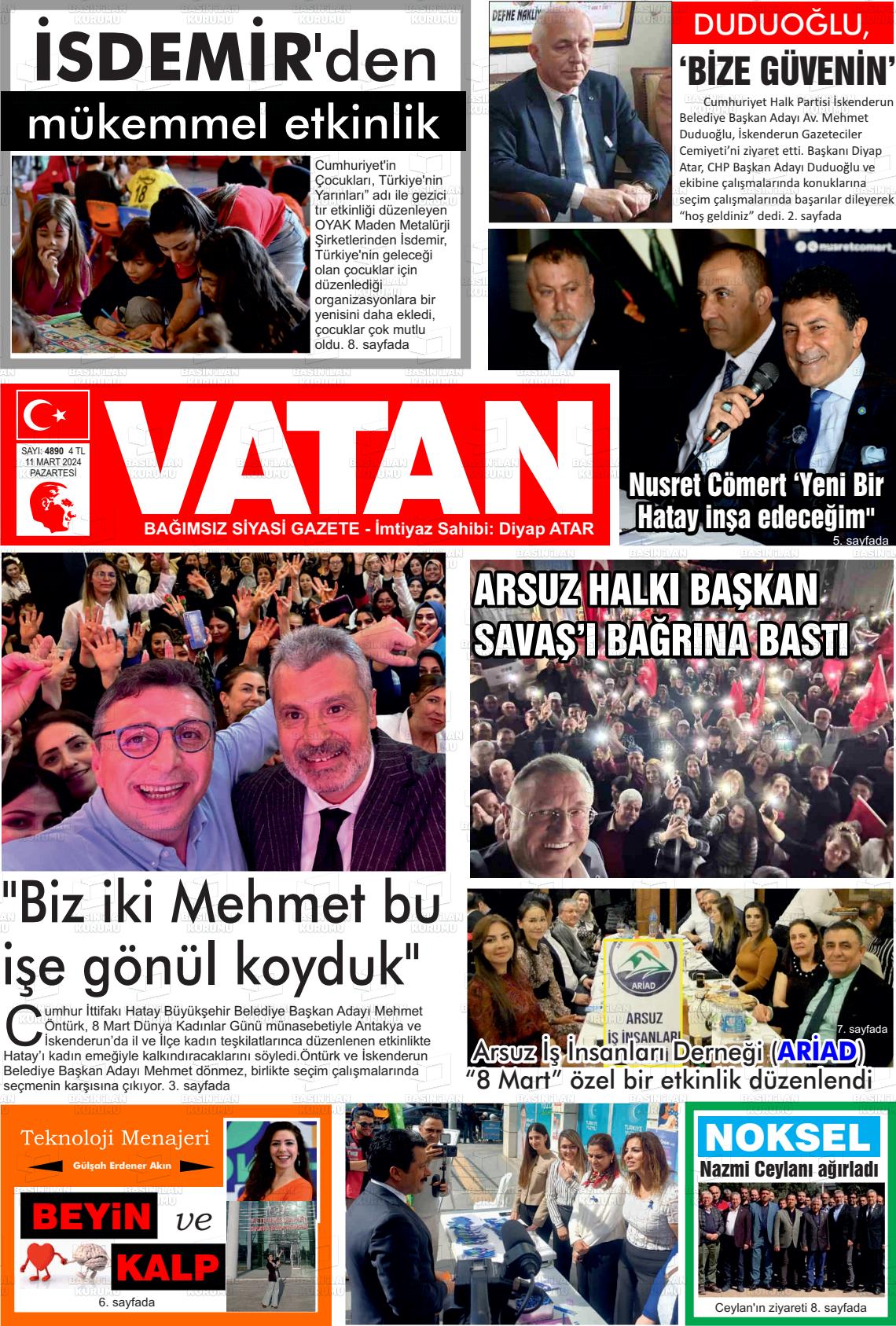 11 Mart 2024 İskenderun Vatan Gazete Manşeti