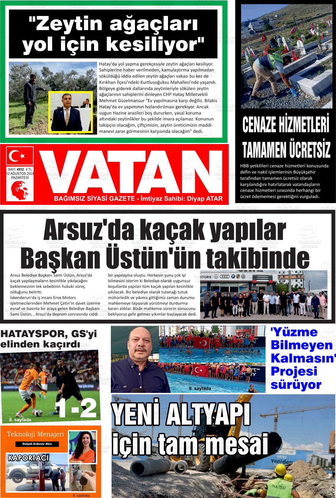 12 Ağustos 2024 İskenderun Vatan Gazete Manşeti